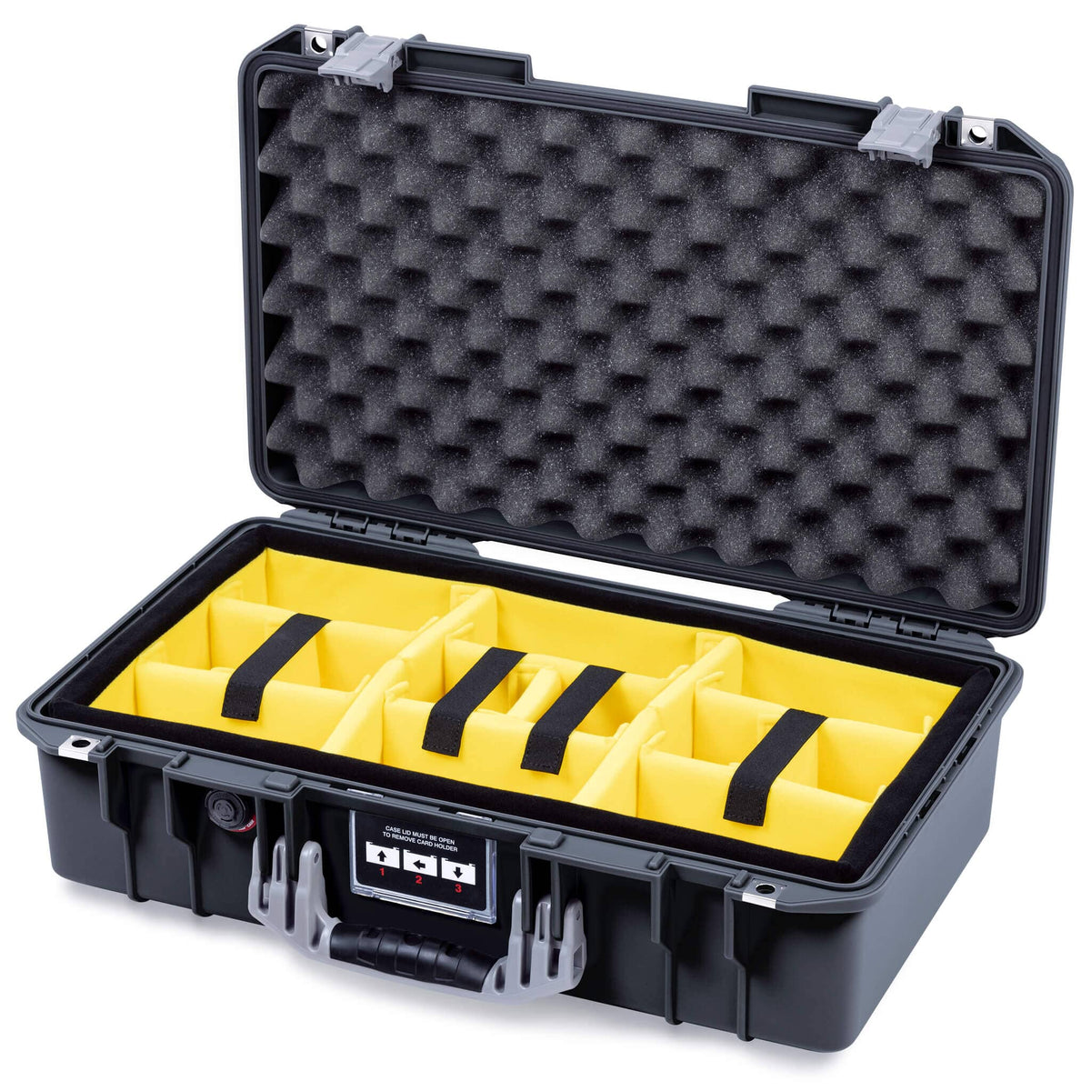 Pelican 1525 Air Case, Black with Silver Handle & Latches Yellow Padded Microfiber Dividers with Convolute Lid Foam ColorCase 015250-0010-110-181
