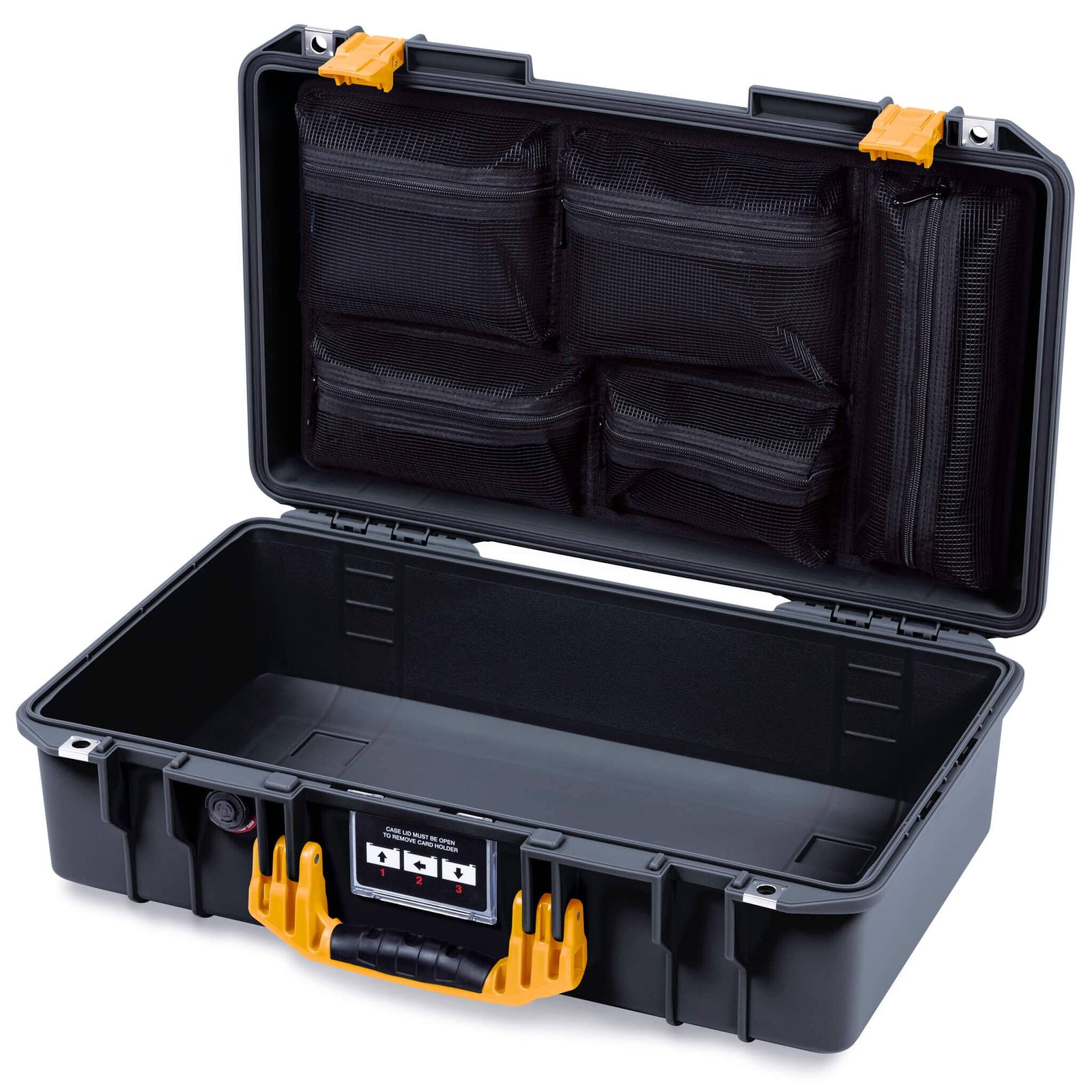 Pelican 1525 Air Case, Black with Yellow Handle & Latches Mesh Lid Organizer Only ColorCase 015250-0100-110-241