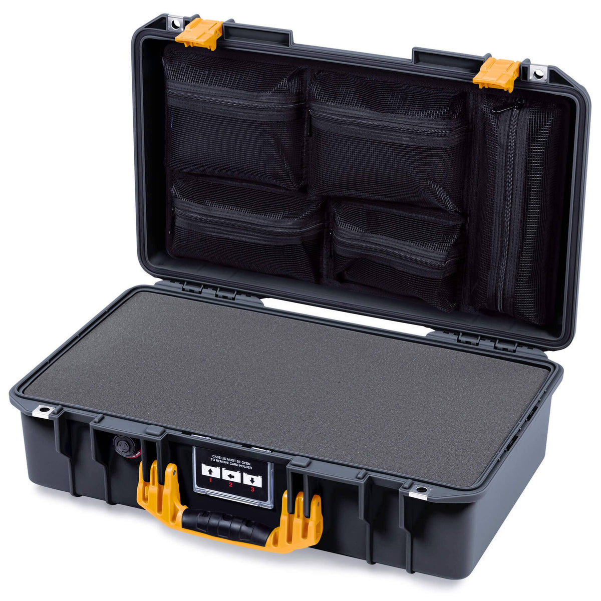 Pelican 1525 Air Case, Black with Yellow Handle & Latches Pick & Pluck Foam with Mesh Lid Organizer ColorCase 015250-0101-110-241