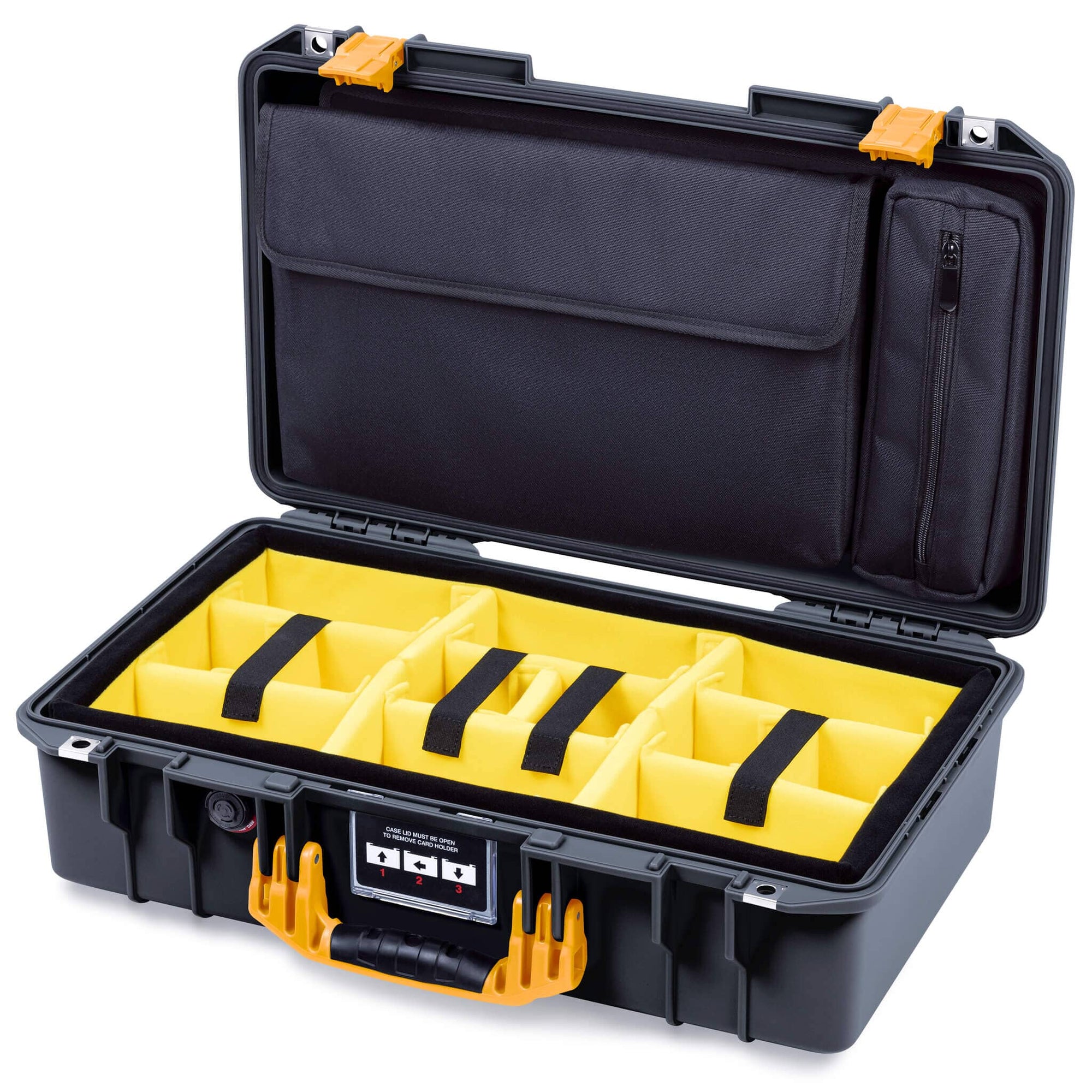 Pelican 1525 Air Case, Black with Yellow Handle & Latches Yellow Padded Microfiber Dividers with Laptop Computer Pouch ColorCase 015250-0210-110-241