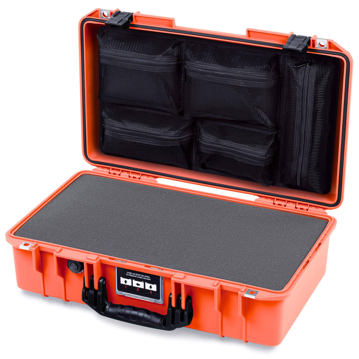 Pelican 1525 Air Case, Orange with Black Handle &amp; Latches Pick &amp; Pluck Foam with Mesh Lid Organizer ColorCase 015250-0101-150-111