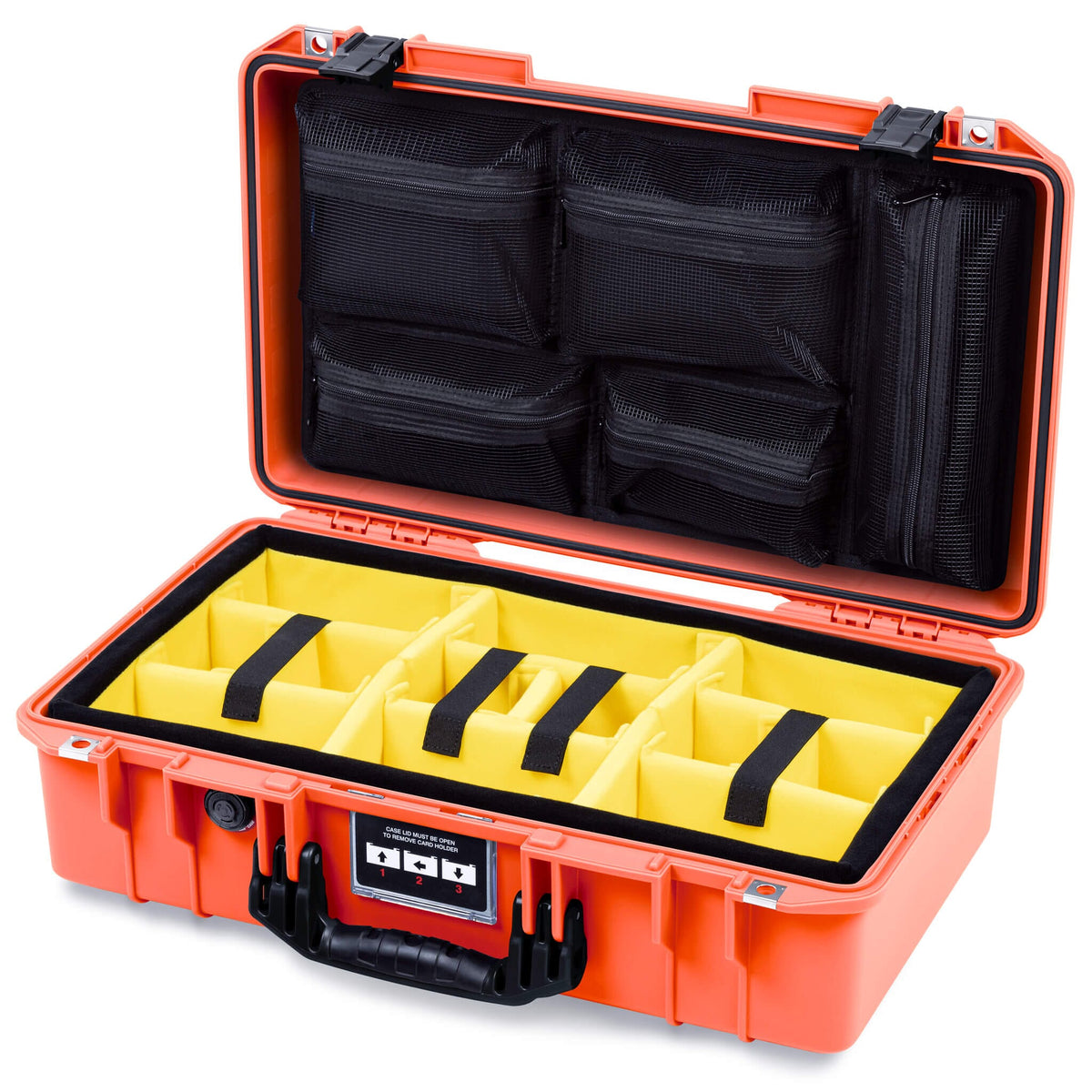 Pelican 1525 Air Case, Orange with Black Handle &amp; Latches Yellow Padded Microfiber Dividers with Mesh Lid Organizer ColorCase 015250-0110-150-111
