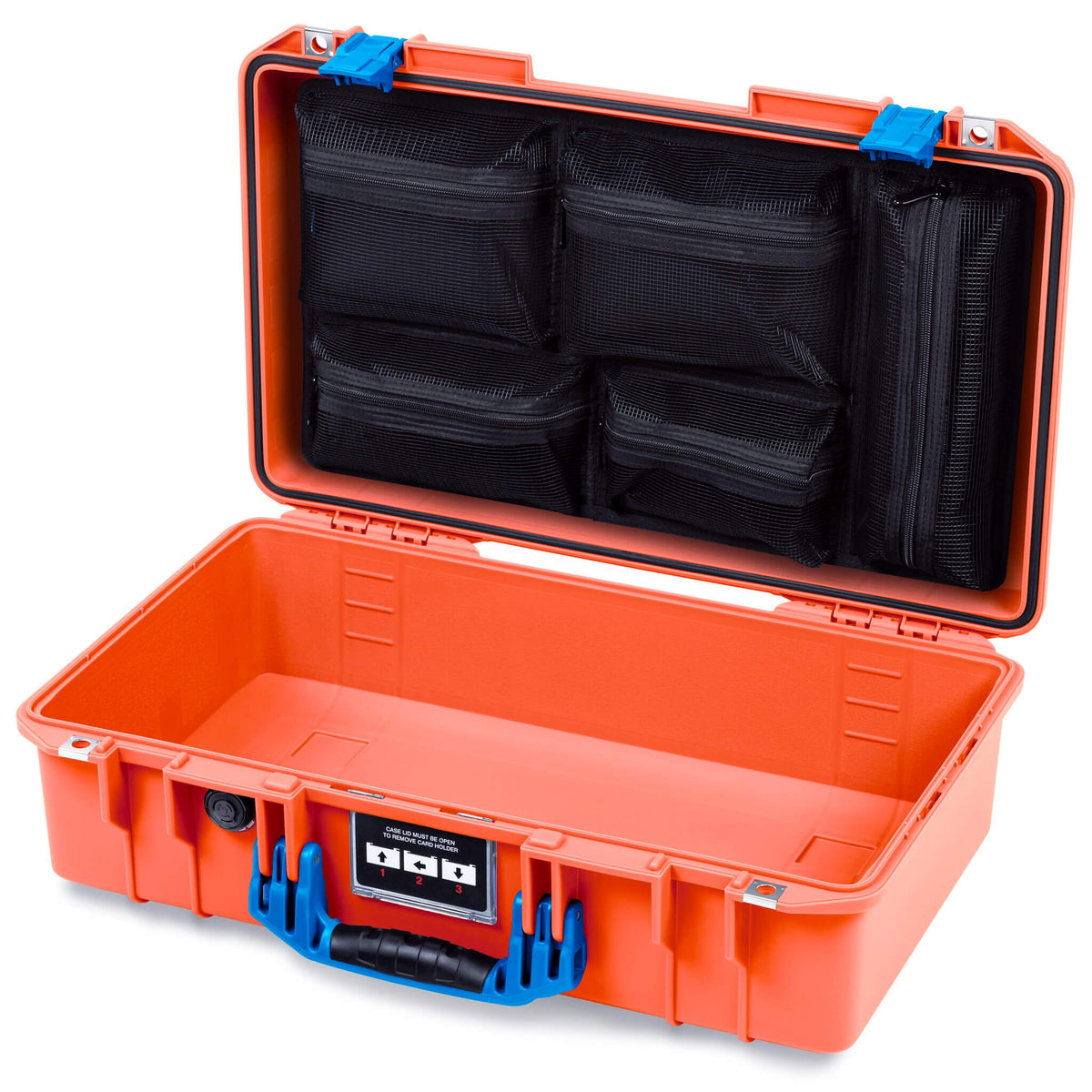 Pelican 1525 Air Case, Orange with Blue Handle &amp; Latches Mesh Lid Organizer Only ColorCase 015250-0100-150-121