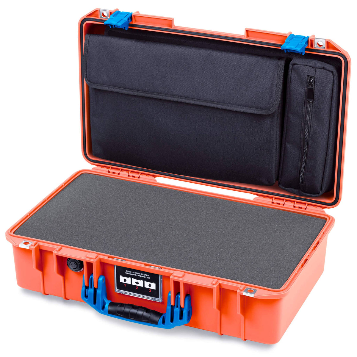 Pelican 1525 Air Case, Orange with Blue Handle &amp; Latches Pick &amp; Pluck Foam with Laptop Computer Pouch ColorCase 015250-0201-150-121