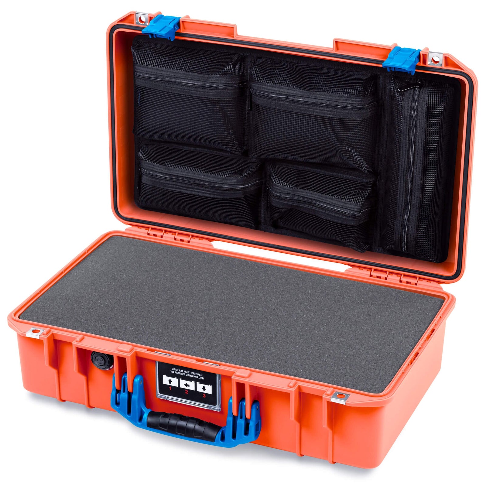 Pelican 1525 Air Case, Orange with Blue Handle & Latches Pick & Pluck Foam with Mesh Lid Organizer ColorCase 015250-0101-150-121