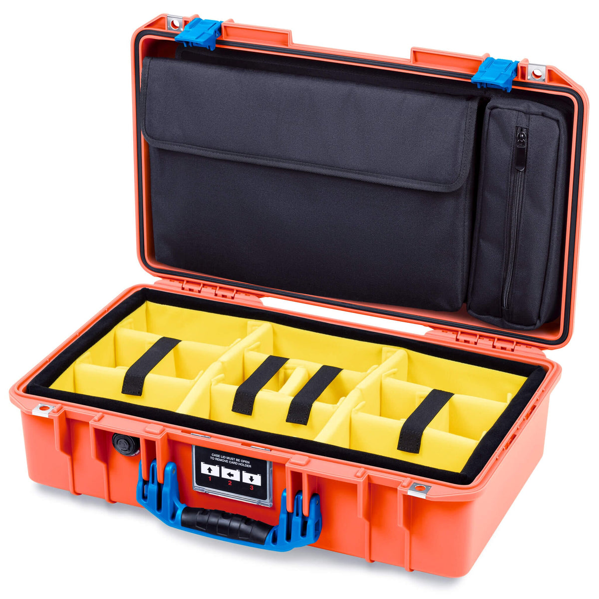 Pelican 1525 Air Case, Orange with Blue Handle &amp; Latches Yellow Padded Microfiber Dividers with Laptop Computer Pouch ColorCase 015250-0210-150-121