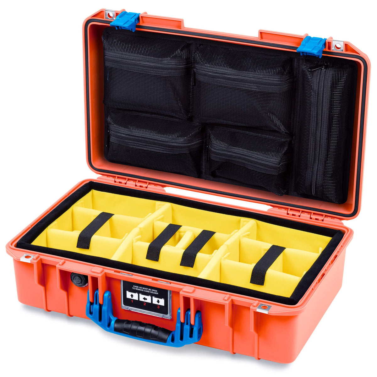 Pelican 1525 Air Case, Orange with Blue Handle &amp; Latches Yellow Padded Microfiber Dividers with Mesh Lid Organizer ColorCase 015250-0110-150-121