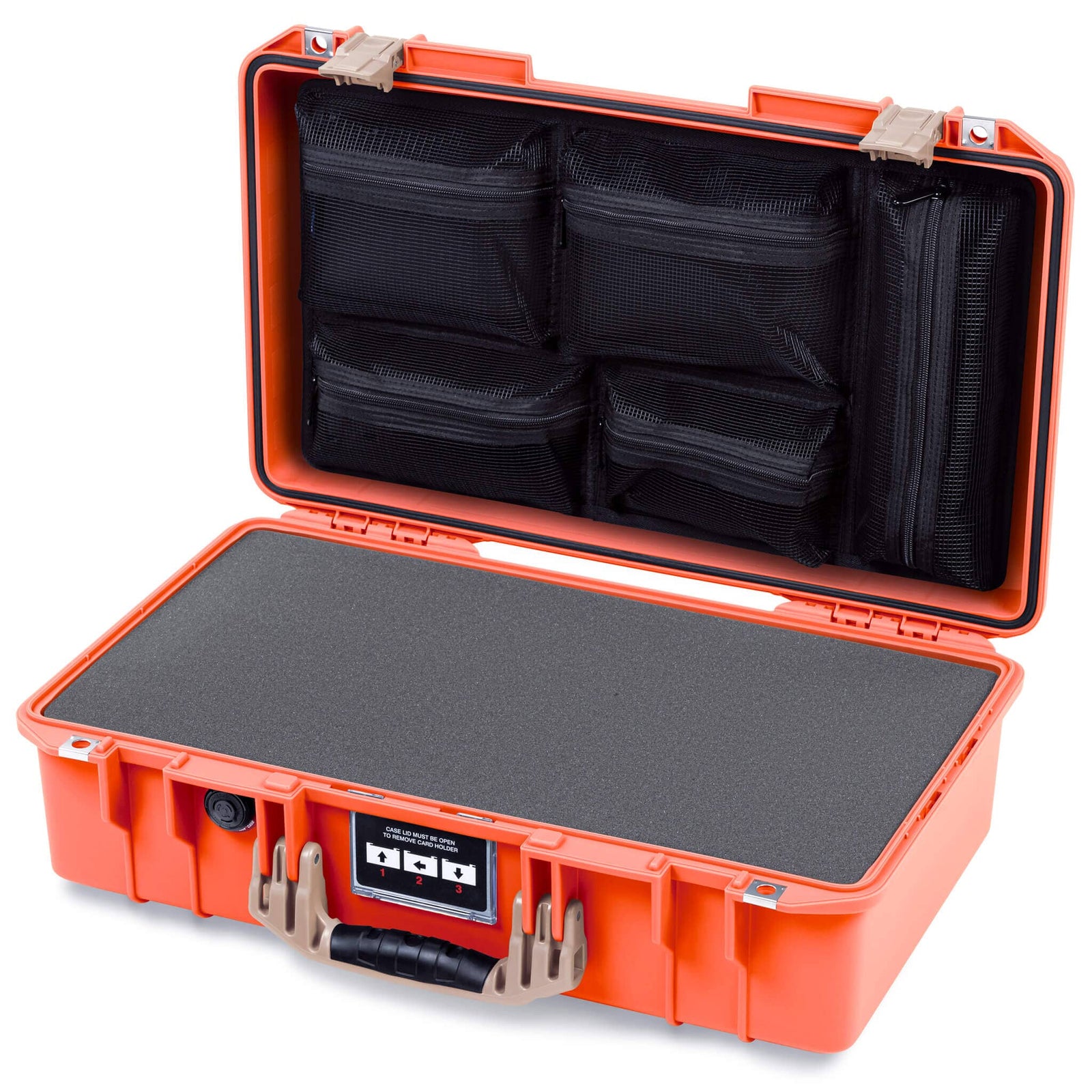 Pelican 1525 Air Case, Orange with Desert Tan Handle & Latches Pick & Pluck Foam with Mesh Lid Organizer ColorCase 015250-0101-150-311