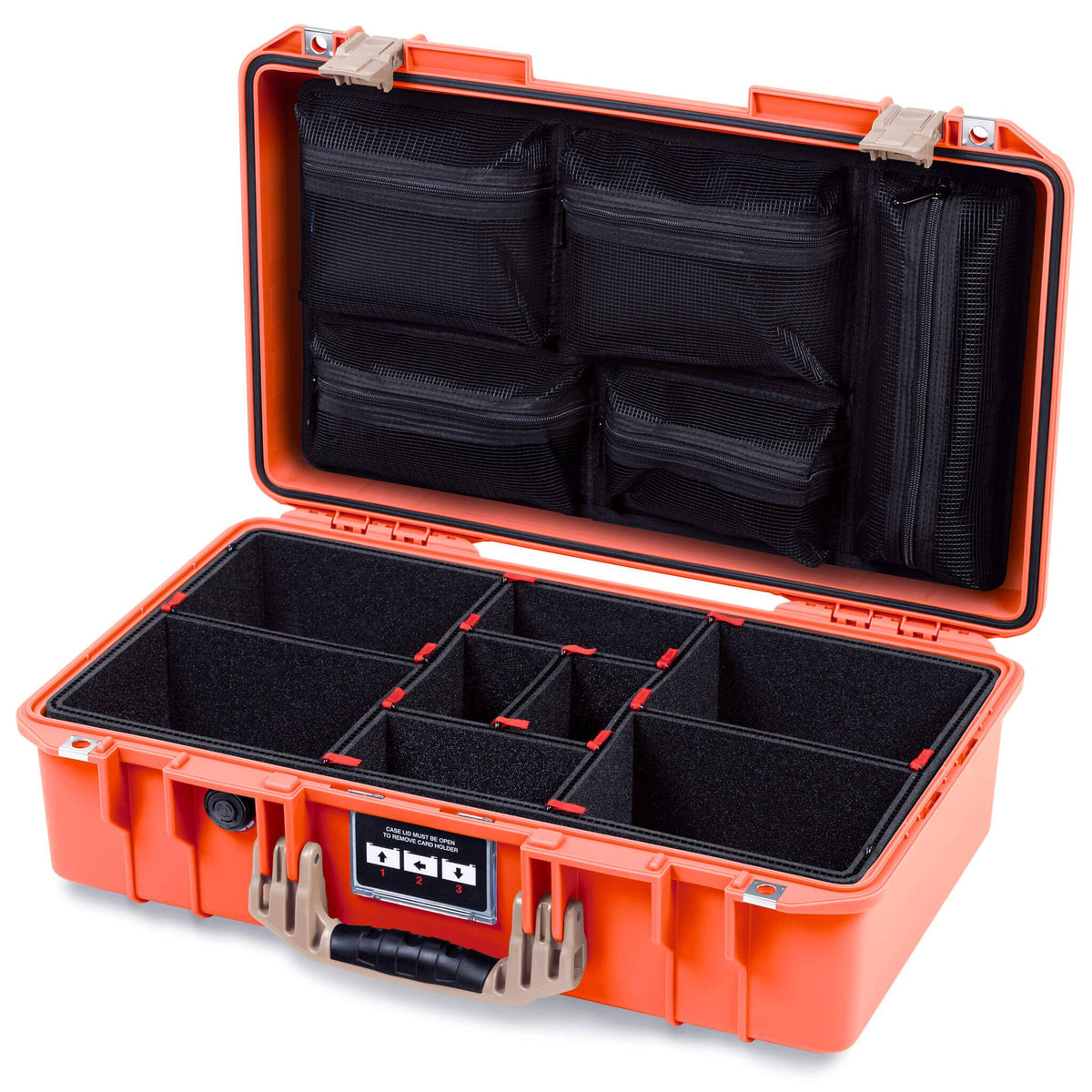 Pelican 1525 Air Case, Orange with Desert Tan Handle &amp; Latches TrekPak Divider System with Mesh Lid Organizer ColorCase 015250-0120-150-311