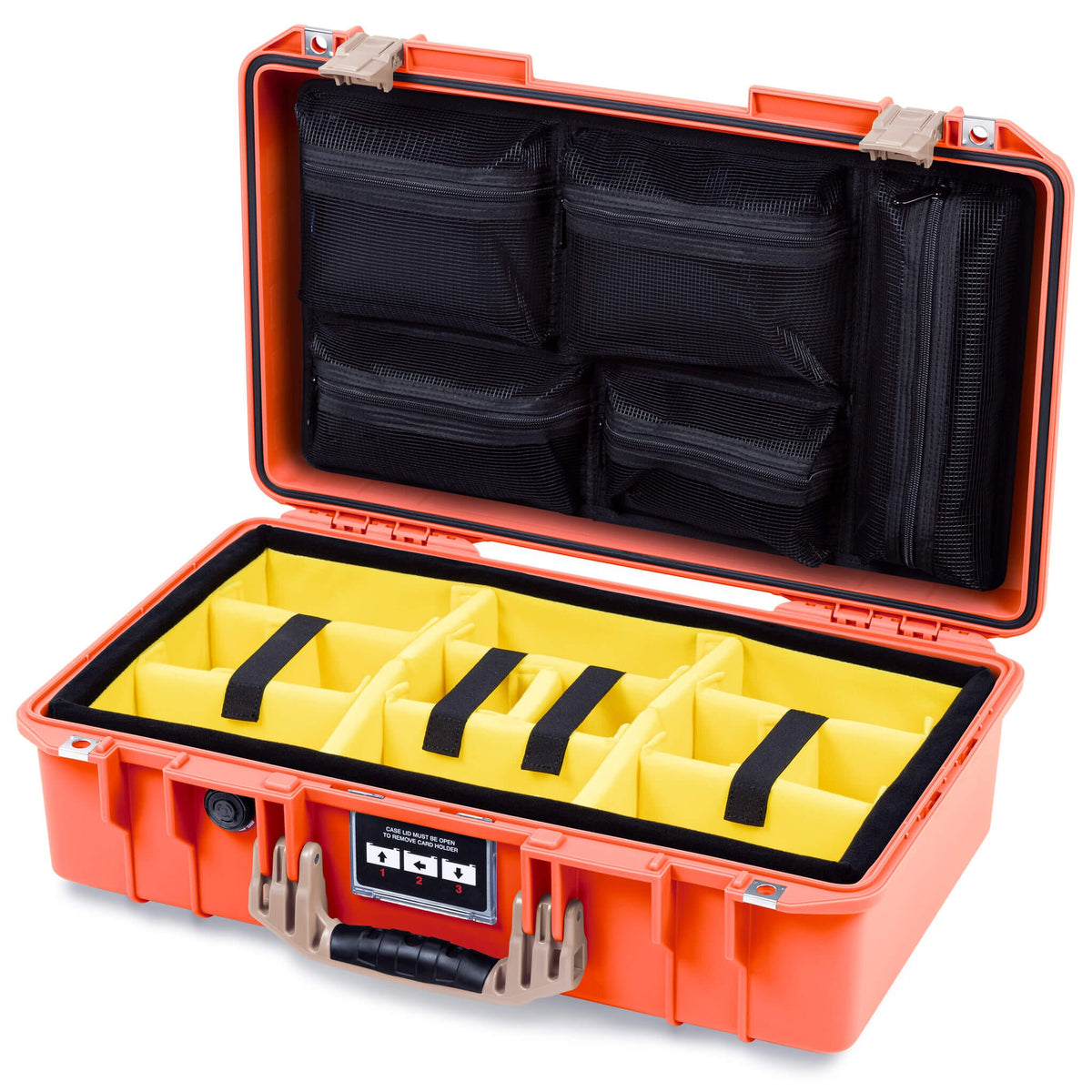 Pelican 1525 Air Case, Orange with Desert Tan Handle &amp; Latches Yellow Padded Microfiber Dividers with Mesh Lid Organizer ColorCase 015250-0110-150-311