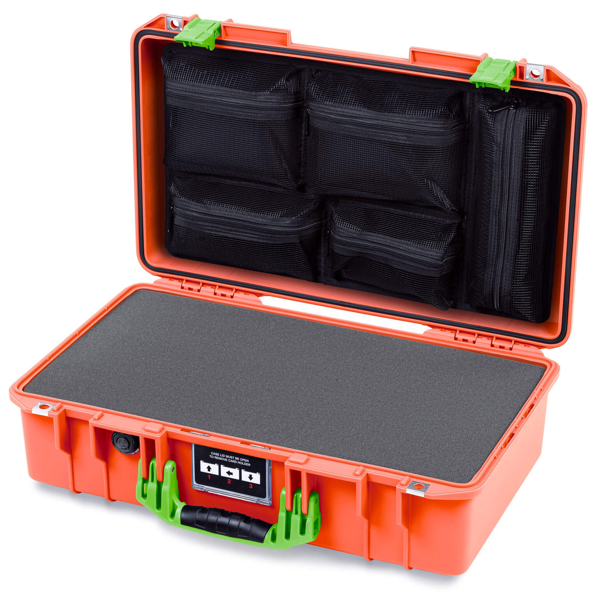Pelican 1525 Air Case, Orange with Lime Green Handle & Latches Pick & Pluck Foam with Mesh Lid Organizer ColorCase 015250-0101-150-301