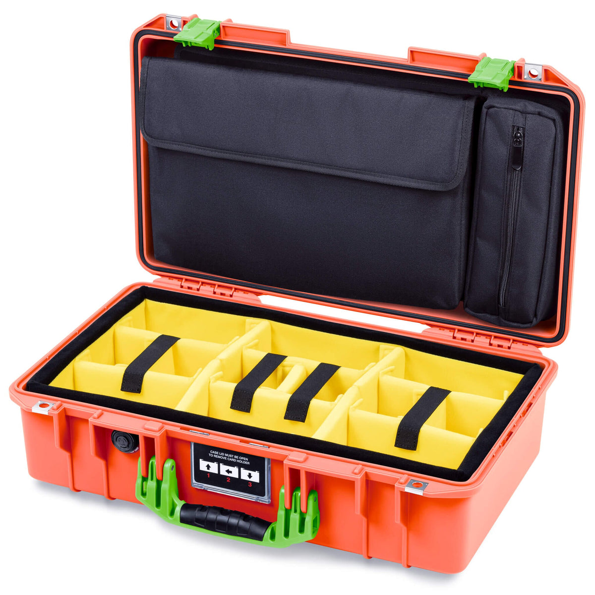Pelican 1525 Air Case, Orange with Lime Green Handle & Latches Yellow Padded Microfiber Dividers with Laptop Computer Pouch ColorCase 015250-0210-150-301
