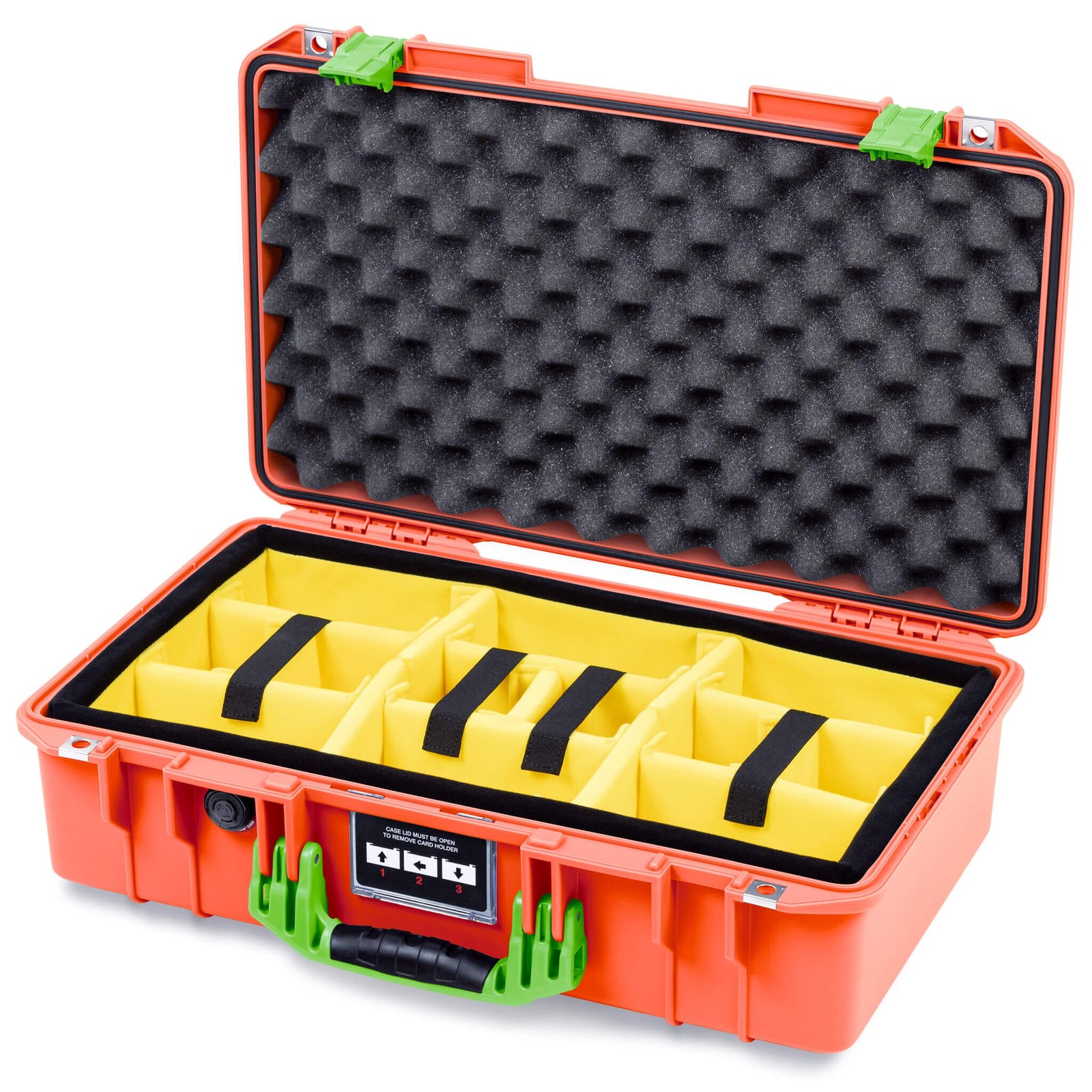 Pelican 1525 Air Case, Orange with Lime Green Handle & Latches Yellow Padded Microfiber Dividers with Convolute Lid Foam ColorCase 015250-0010-150-301