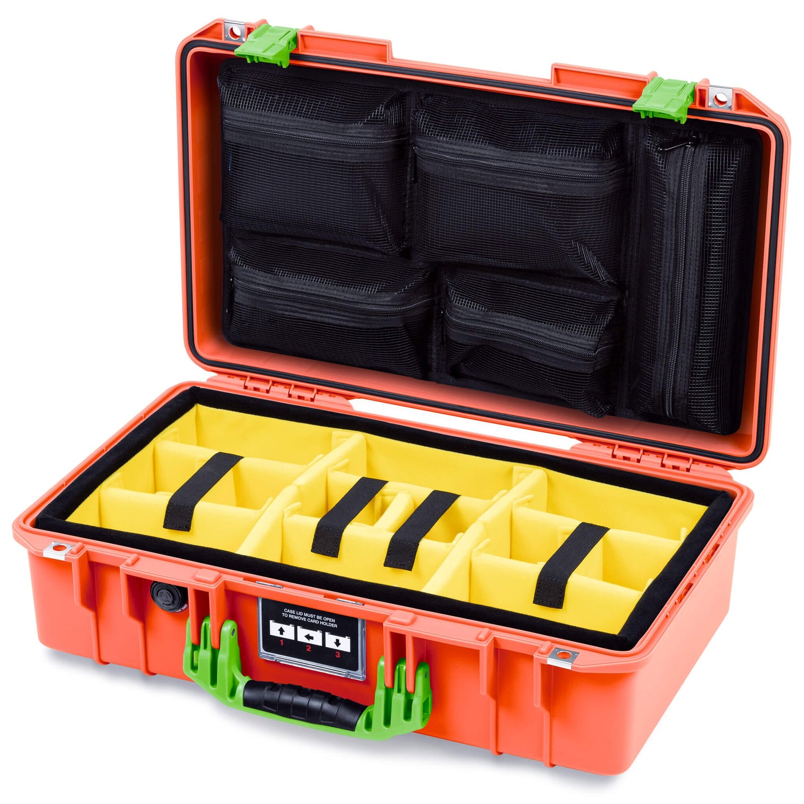 Pelican 1525 Air Case, Orange with Lime Green Handle & Latches Yellow Padded Microfiber Dividers with Mesh Lid Organizer ColorCase 015250-0110-150-301