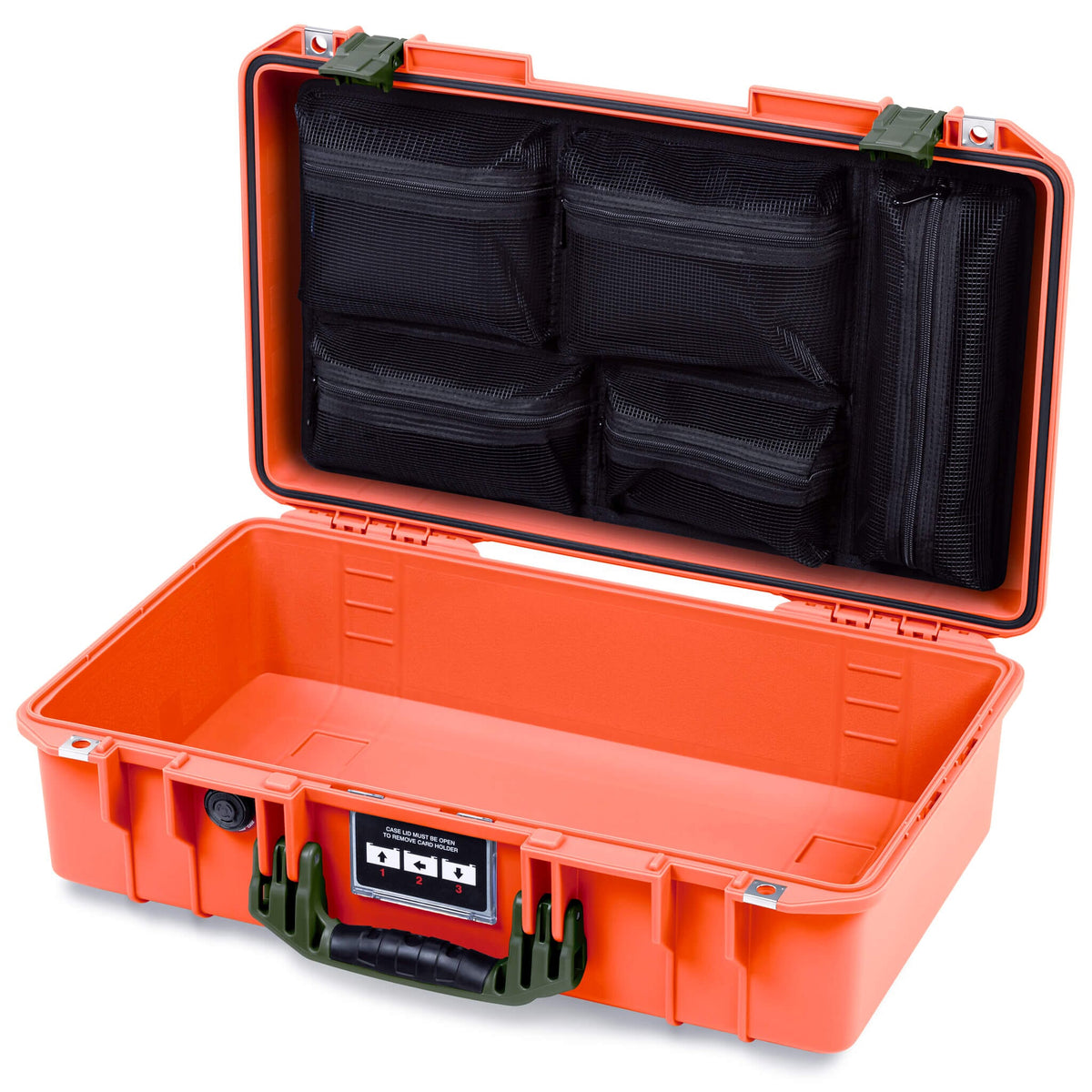 Pelican 1525 Air Case, Orange with OD Green Handle &amp; Latches Mesh Lid Organizer Only ColorCase 015250-0100-150-131