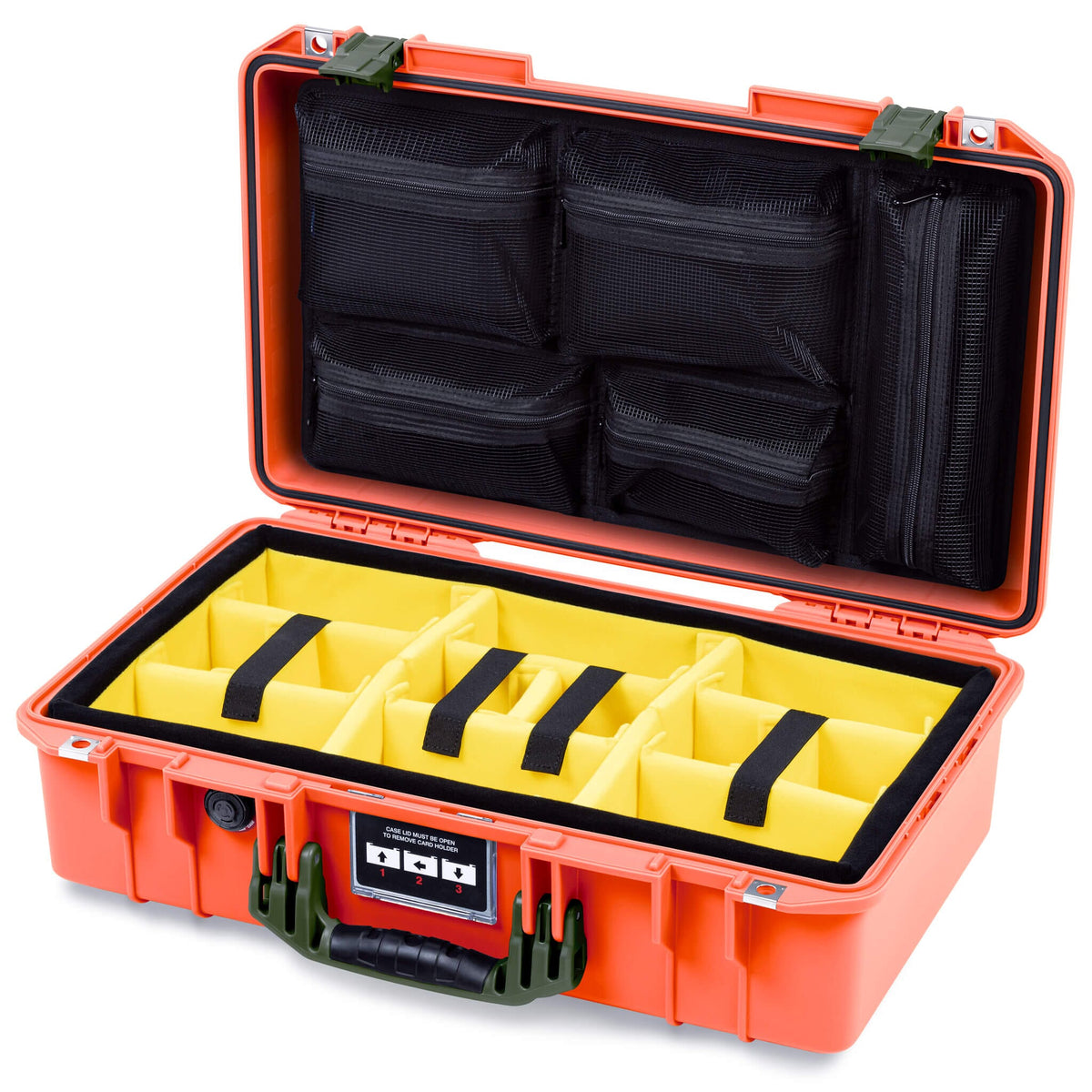Pelican 1525 Air Case, Orange with OD Green Handle &amp; Latches Yellow Padded Microfiber Dividers with Mesh Lid Organizer ColorCase 015250-0110-150-131