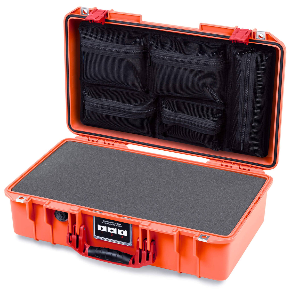 Pelican 1525 Air Case, Orange with Red Handle &amp; Latches Pick &amp; Pluck Foam with Mesh Lid Organizer ColorCase 015250-0101-150-321