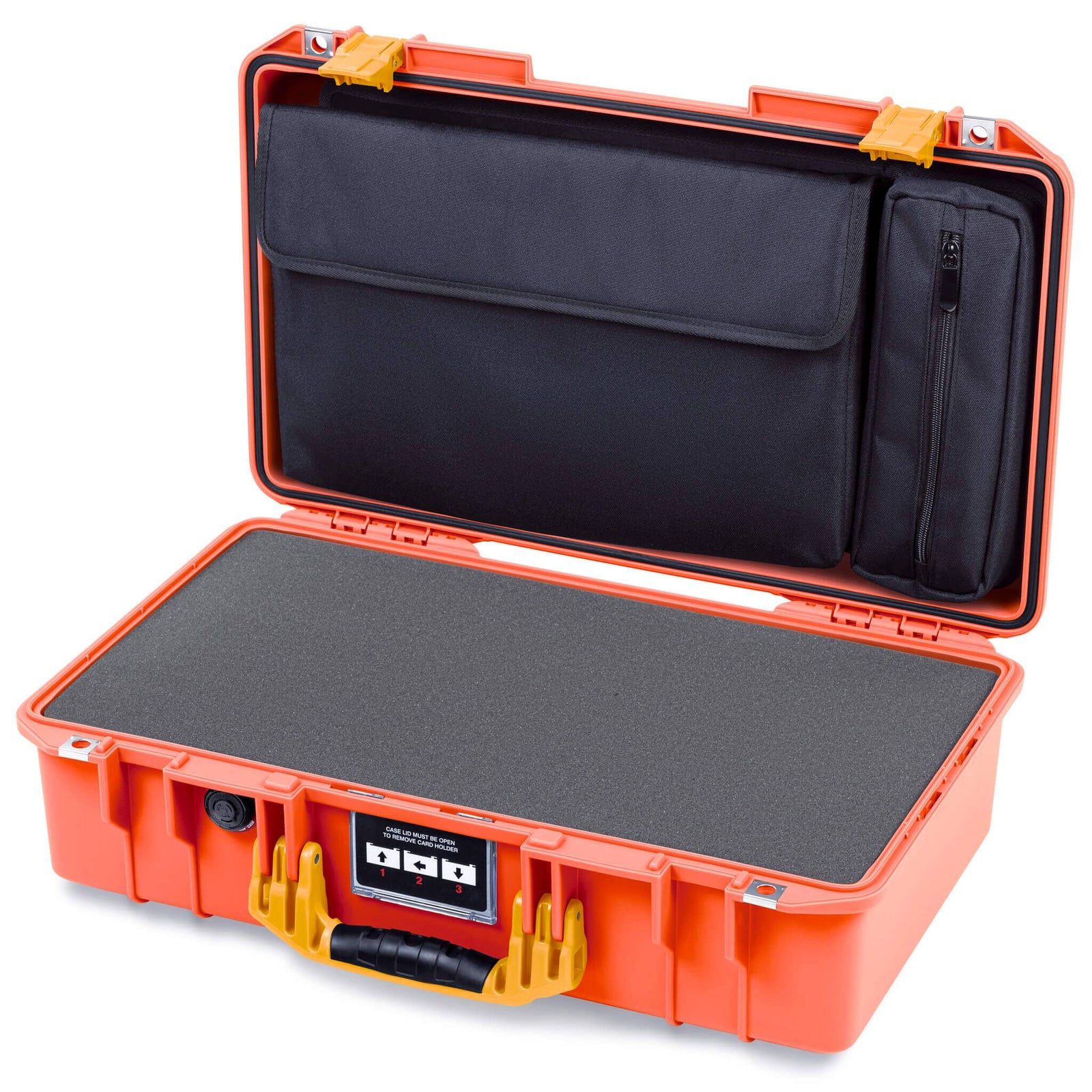 Pelican 1525 Air Case, Orange with Yellow Handle & Latches Pick & Pluck Foam with Laptop Computer Pouch ColorCase 015250-0201-150-241