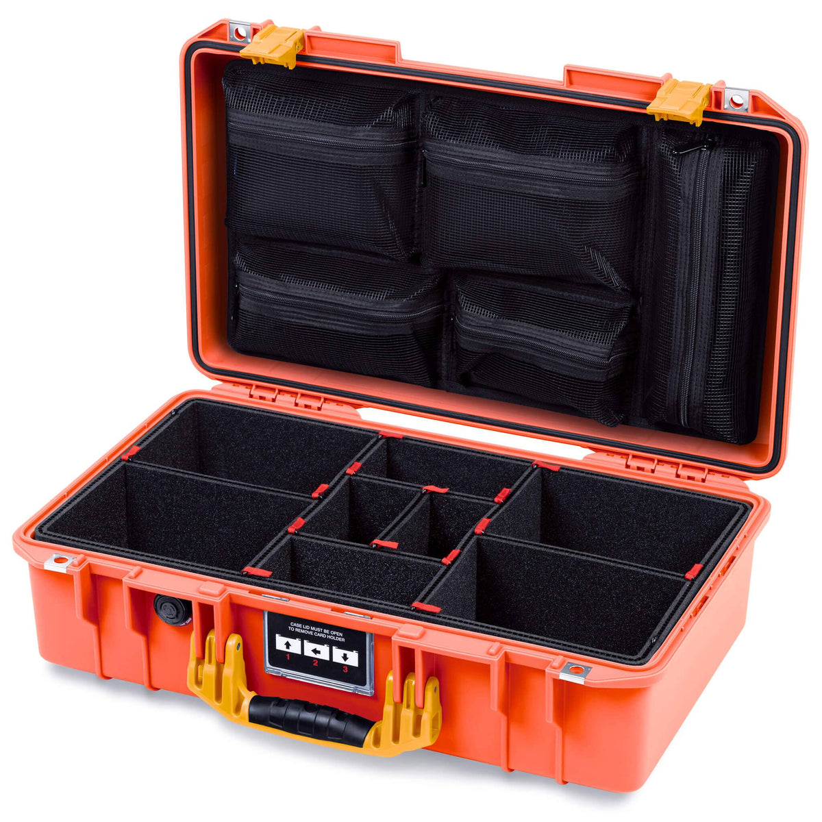 Pelican 1525 Air Case, Orange with Yellow Handle &amp; Latches TrekPak Divider System with Mesh Lid Organizer ColorCase 015250-0120-150-241