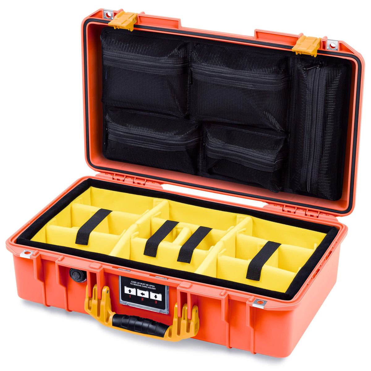 Pelican 1525 Air Case, Orange with Yellow Handle &amp; Latches Yellow Padded Microfiber Dividers with Mesh Lid Organizer ColorCase 015250-0110-150-241