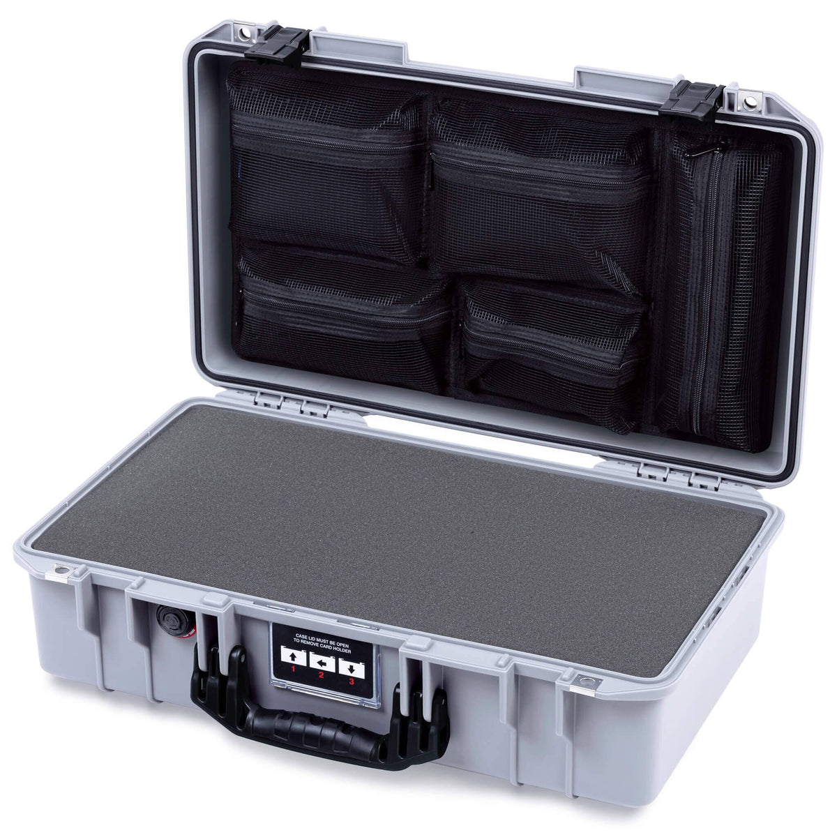 Pelican 1525 Air Case, Silver with Black Handle &amp; Latches Pick &amp; Pluck Foam with Mesh Lid Organizer ColorCase 015250-0101-180-111