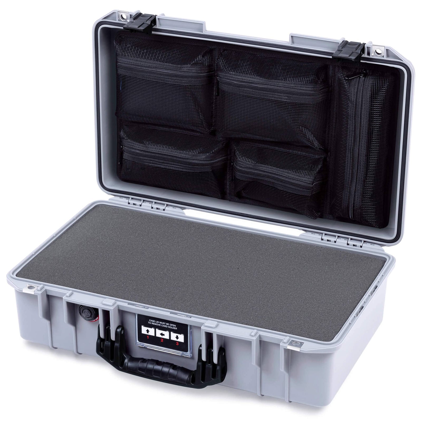 Pelican 1525 Air Case, Silver with Black Handle & Latches Pick & Pluck Foam with Mesh Lid Organizer ColorCase 015250-0101-180-111