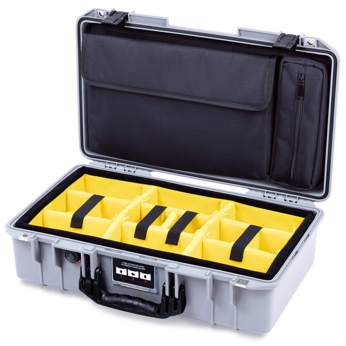 Pelican 1525 Air Case, Silver with Black Handle &amp; Latches Yellow Padded Microfiber Dividers with Laptop Computer Pouch ColorCase 015250-0210-180-111