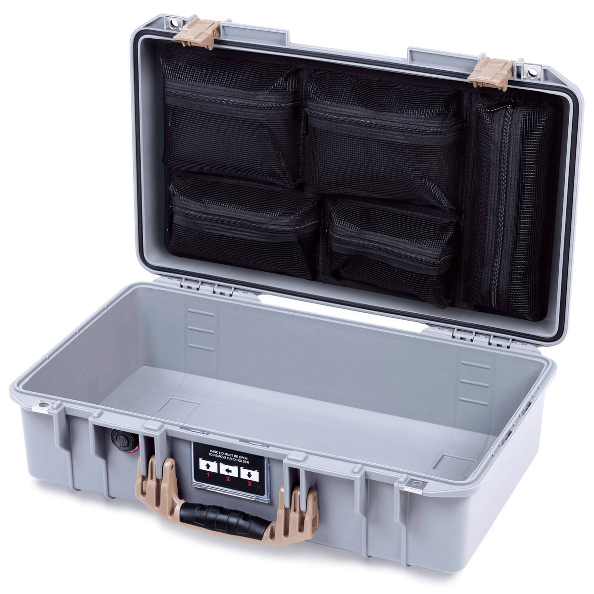 Pelican 1525 Air Case, Silver with Desert Tan Handle &amp; Latches Mesh Lid Organizer Only ColorCase 015250-0100-180-311