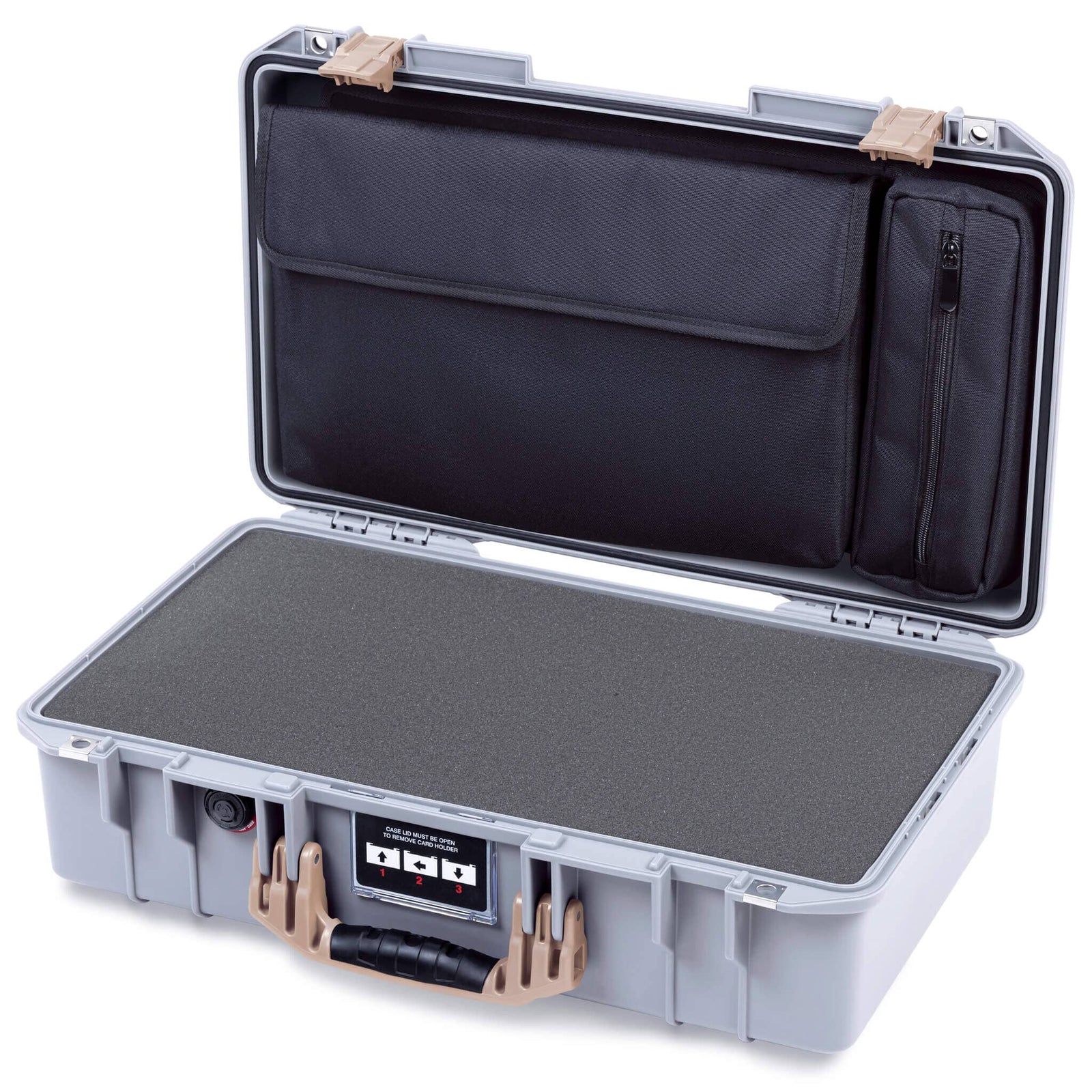 Pelican 1525 Air Case, Silver with Desert Tan Handle & Latches Pick & Pluck Foam with Laptop Computer Pouch ColorCase 015250-0201-180-311