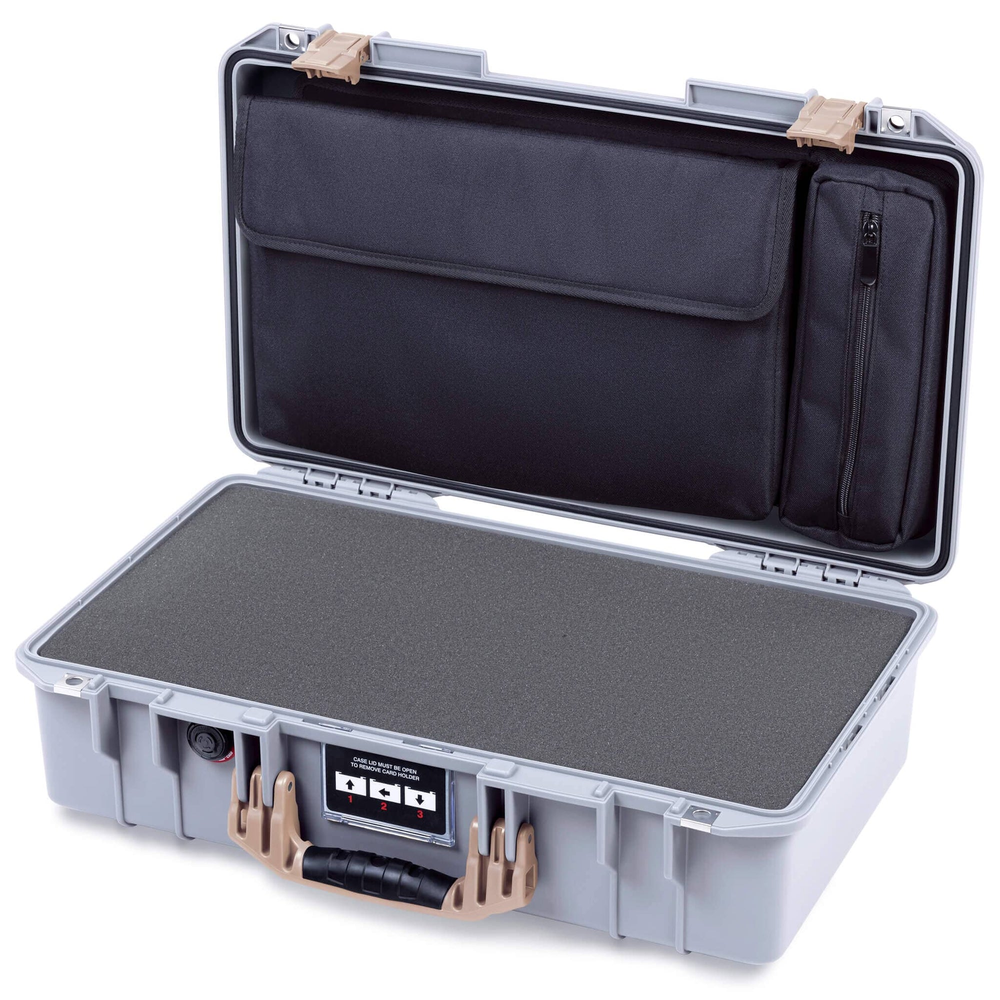 Pelican 1525 Air Case, Silver with Desert Tan Handle & Latches Pick & Pluck Foam with Laptop Computer Pouch ColorCase 015250-0201-180-311