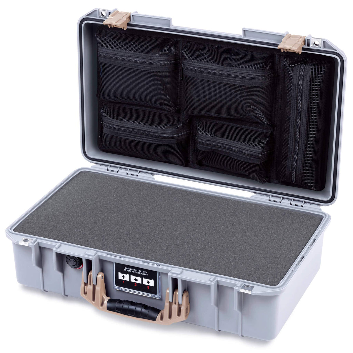 Pelican 1525 Air Case, Silver with Desert Tan Handle &amp; Latches Pick &amp; Pluck Foam with Mesh Lid Organizer ColorCase 015250-0101-180-311