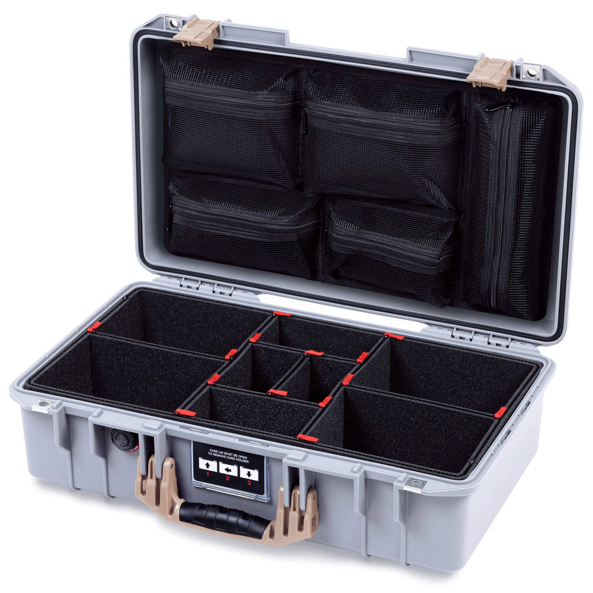 Pelican 1525 Air Case, Silver with Desert Tan Handle &amp; Latches TrekPak Divider System with Mesh Lid Organizer ColorCase 015250-0120-180-311