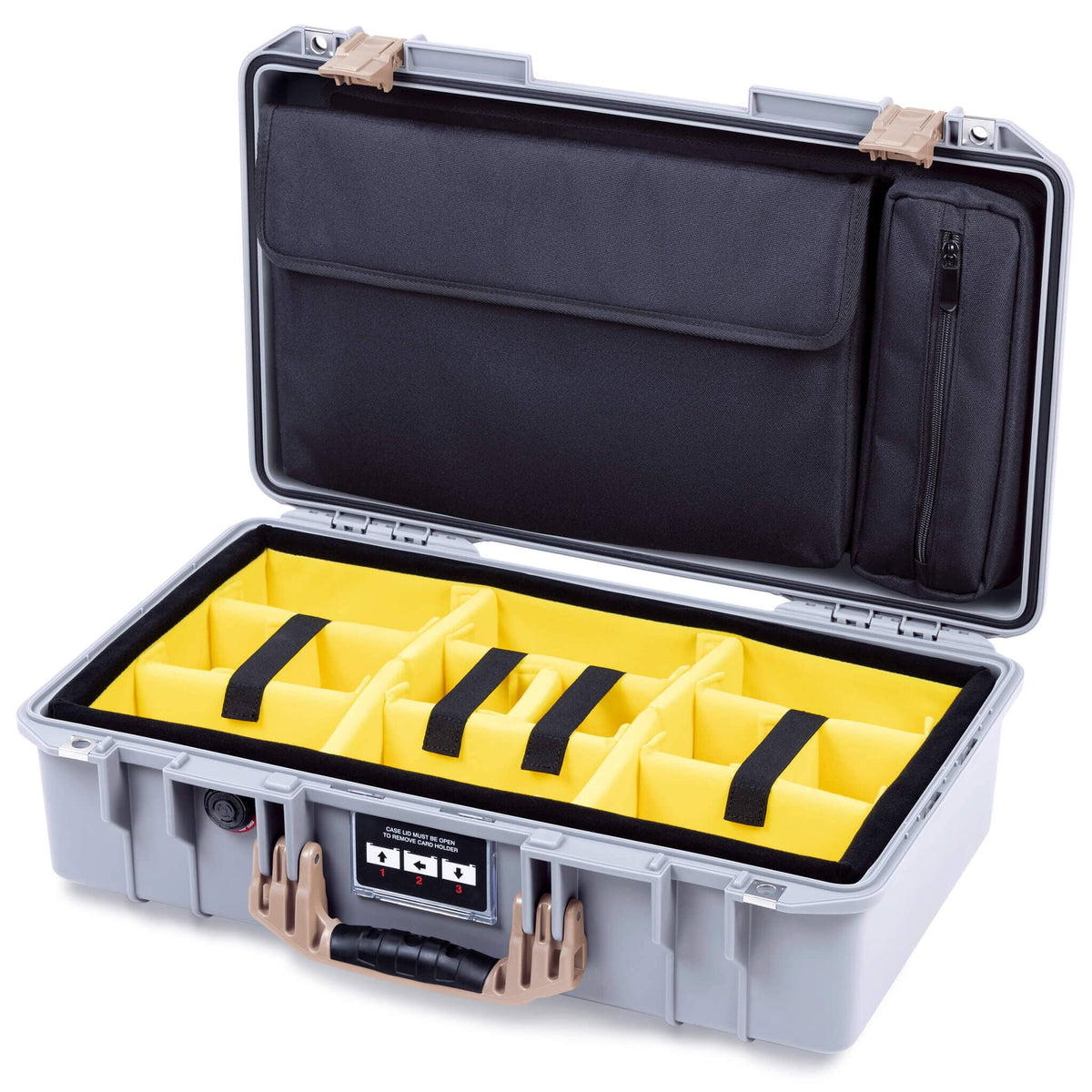 Pelican 1525 Air Case, Silver with Desert Tan Handle &amp; Latches Yellow Padded Microfiber Dividers with Laptop Computer Pouch ColorCase 015250-0210-180-311