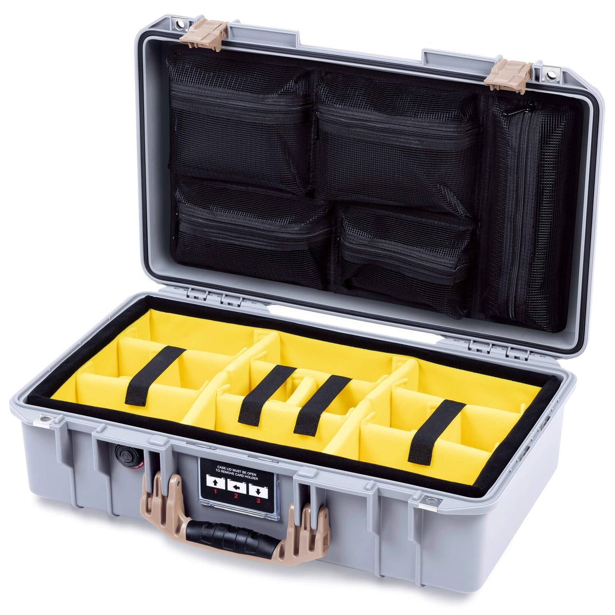 Pelican 1525 Air Case, Silver with Desert Tan Handle &amp; Latches Yellow Padded Microfiber Dividers with Mesh Lid Organizer ColorCase 015250-0110-180-311