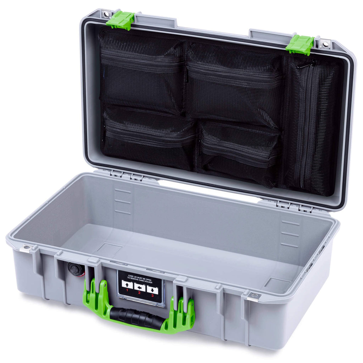 Pelican 1525 Air Case, Silver with Lime Green Handle &amp; Latches Mesh Lid Organizer Only ColorCase 015250-0100-180-301
