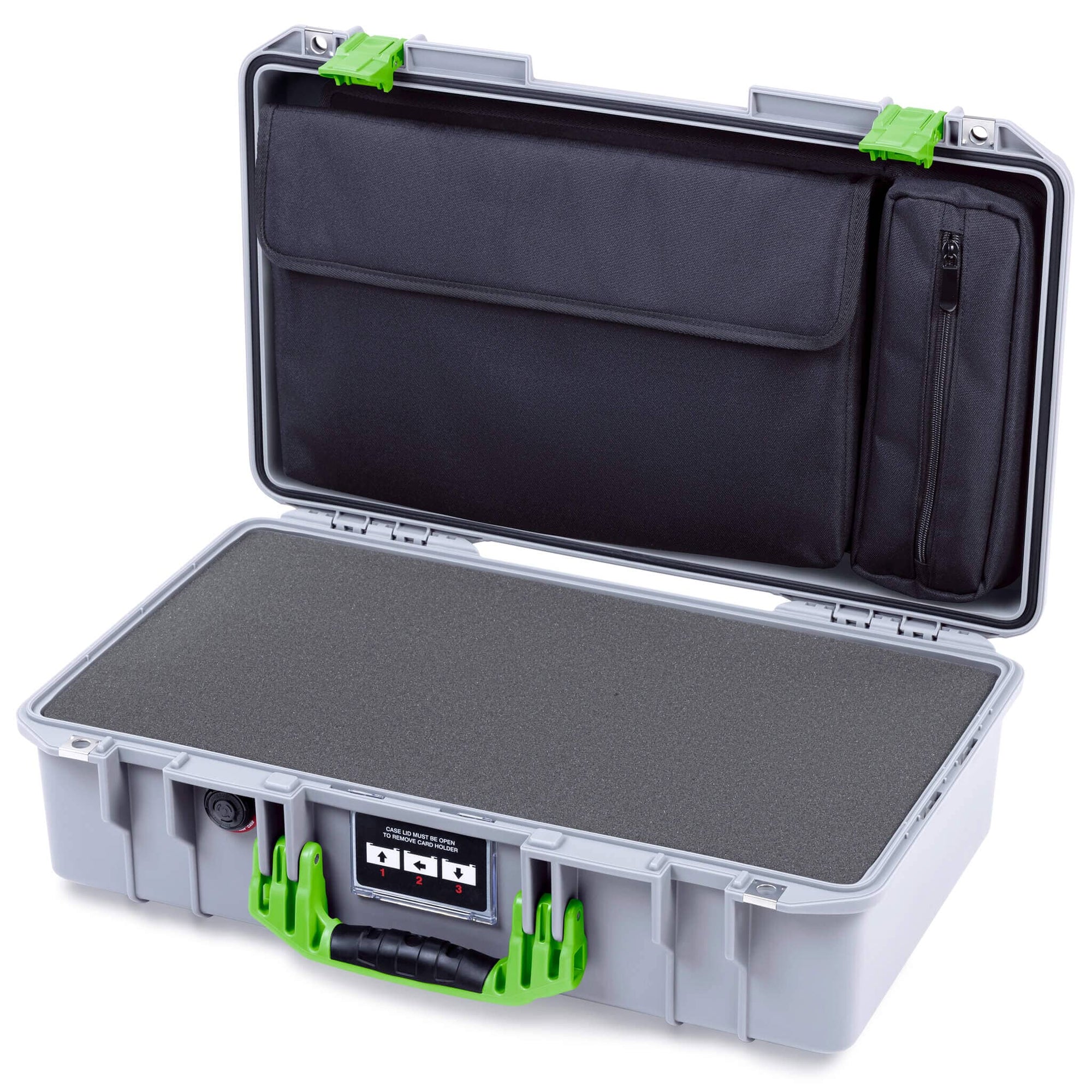 Pelican 1525 Air Case, Silver with Lime Green Handle & Latches Pick & Pluck Foam with Laptop Computer Pouch ColorCase 015250-0201-180-301