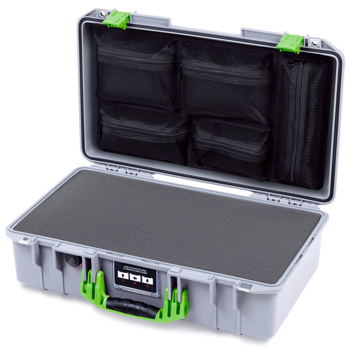 Pelican 1525 Air Case, Silver with Lime Green Handle &amp; Latches Pick &amp; Pluck Foam with Mesh Lid Organizer ColorCase 015250-0101-180-301