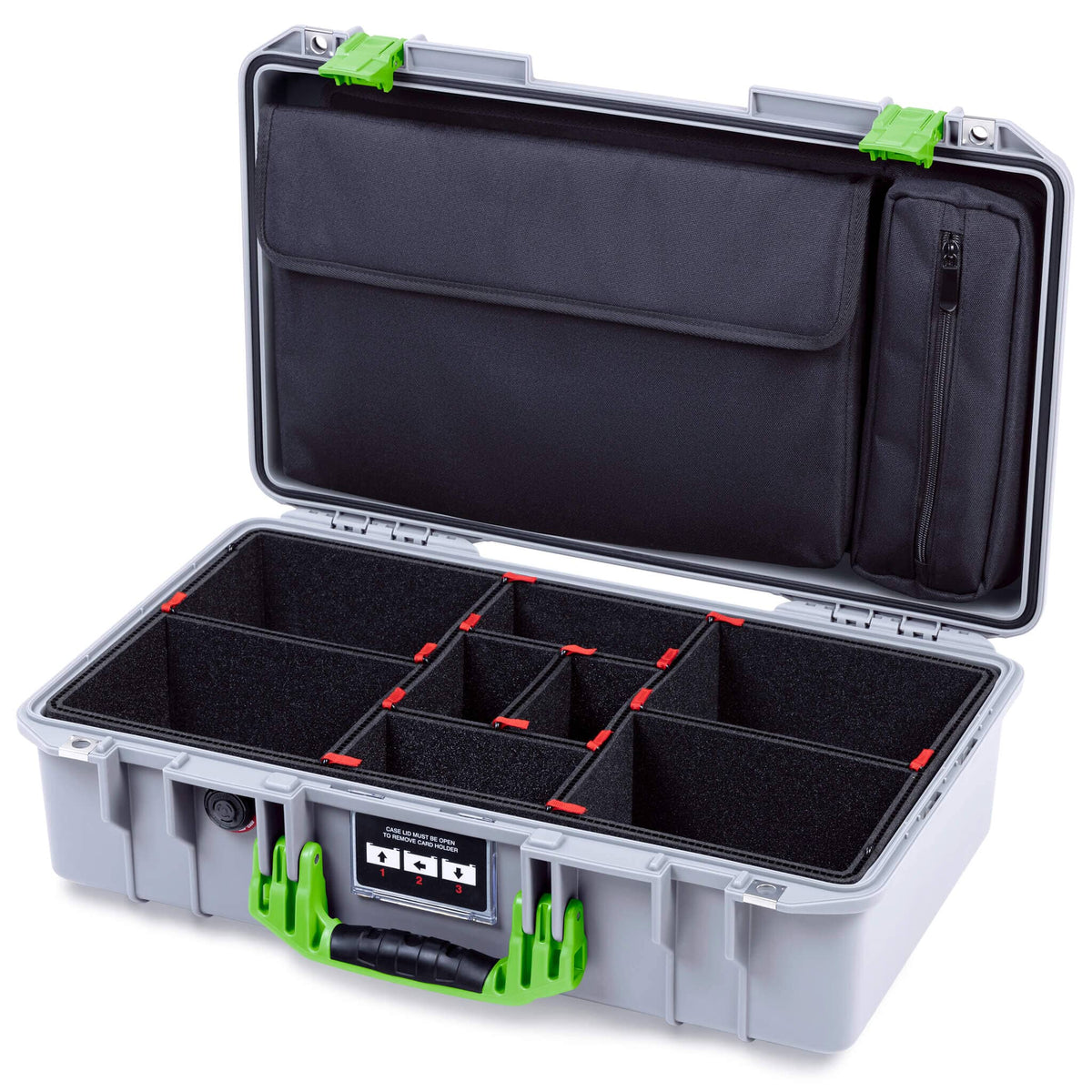 Pelican 1525 Air Case, Silver with Lime Green Handle &amp; Latches TrekPak Divider Sytem with Laptop Computer Pouch ColorCase 015250-0220-180-301