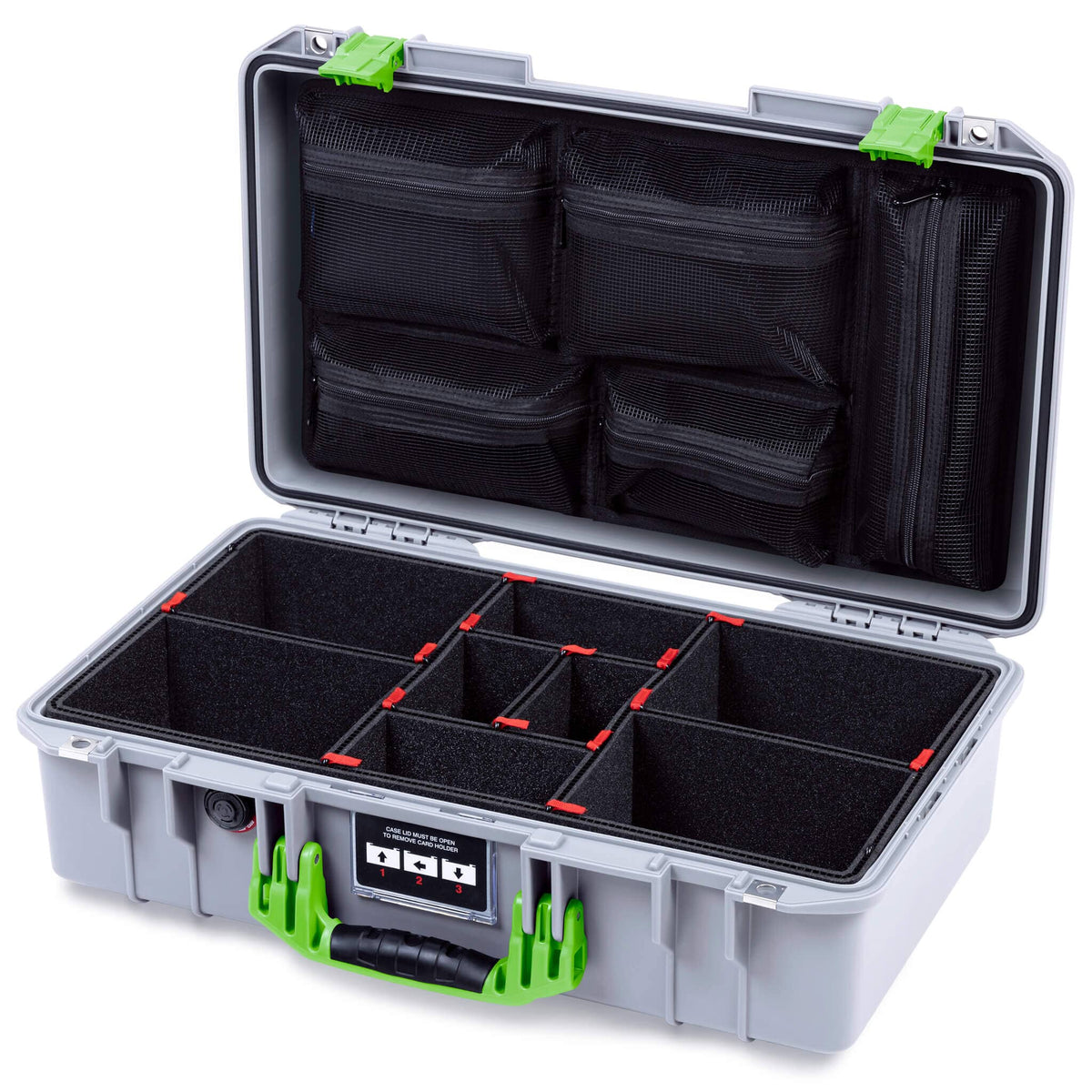Pelican 1525 Air Case, Silver with Lime Green Handle &amp; Latches TrekPak Divider System with Mesh Lid Organizer ColorCase 015250-0120-180-301
