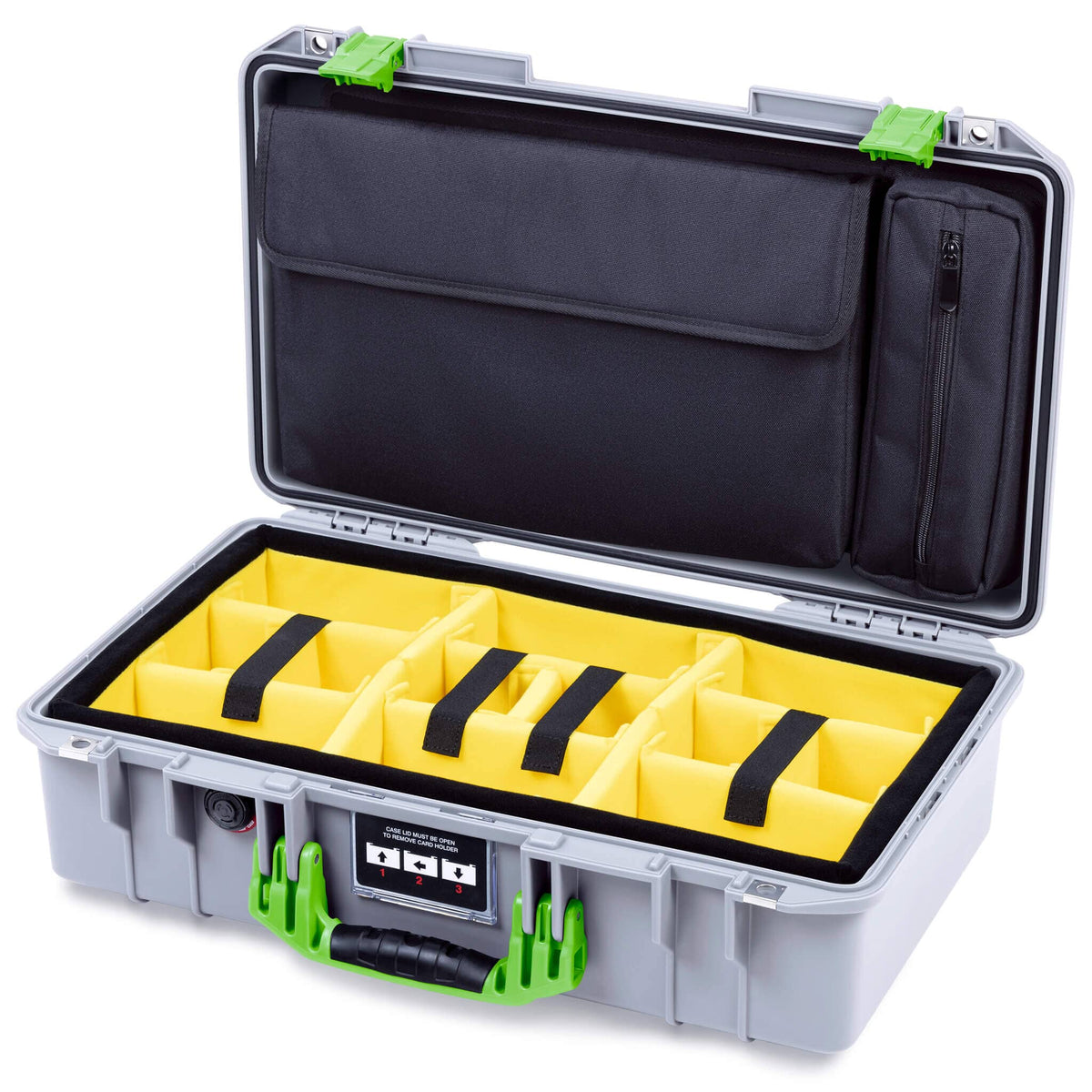 Pelican 1525 Air Case, Silver with Lime Green Handle &amp; Latches Yellow Padded Microfiber Dividers with Laptop Computer Pouch ColorCase 015250-0210-180-301