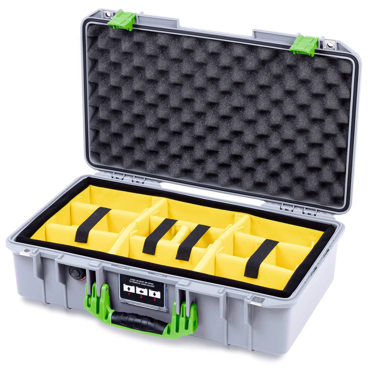 Pelican 1525 Air Case, Silver with Lime Green Handle &amp; Latches Yellow Padded Microfiber Dividers with Convolute Lid Foam ColorCase 015250-0010-180-301