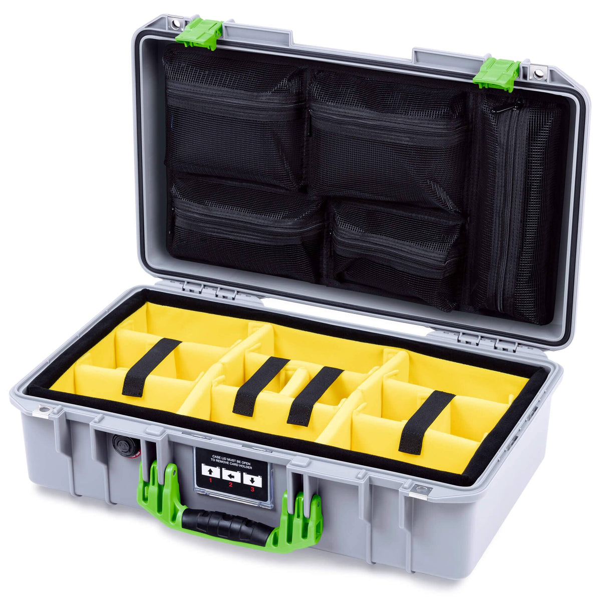 Pelican 1525 Air Case, Silver with Lime Green Handle &amp; Latches Yellow Padded Microfiber Dividers with Mesh Lid Organizer ColorCase 015250-0110-180-301