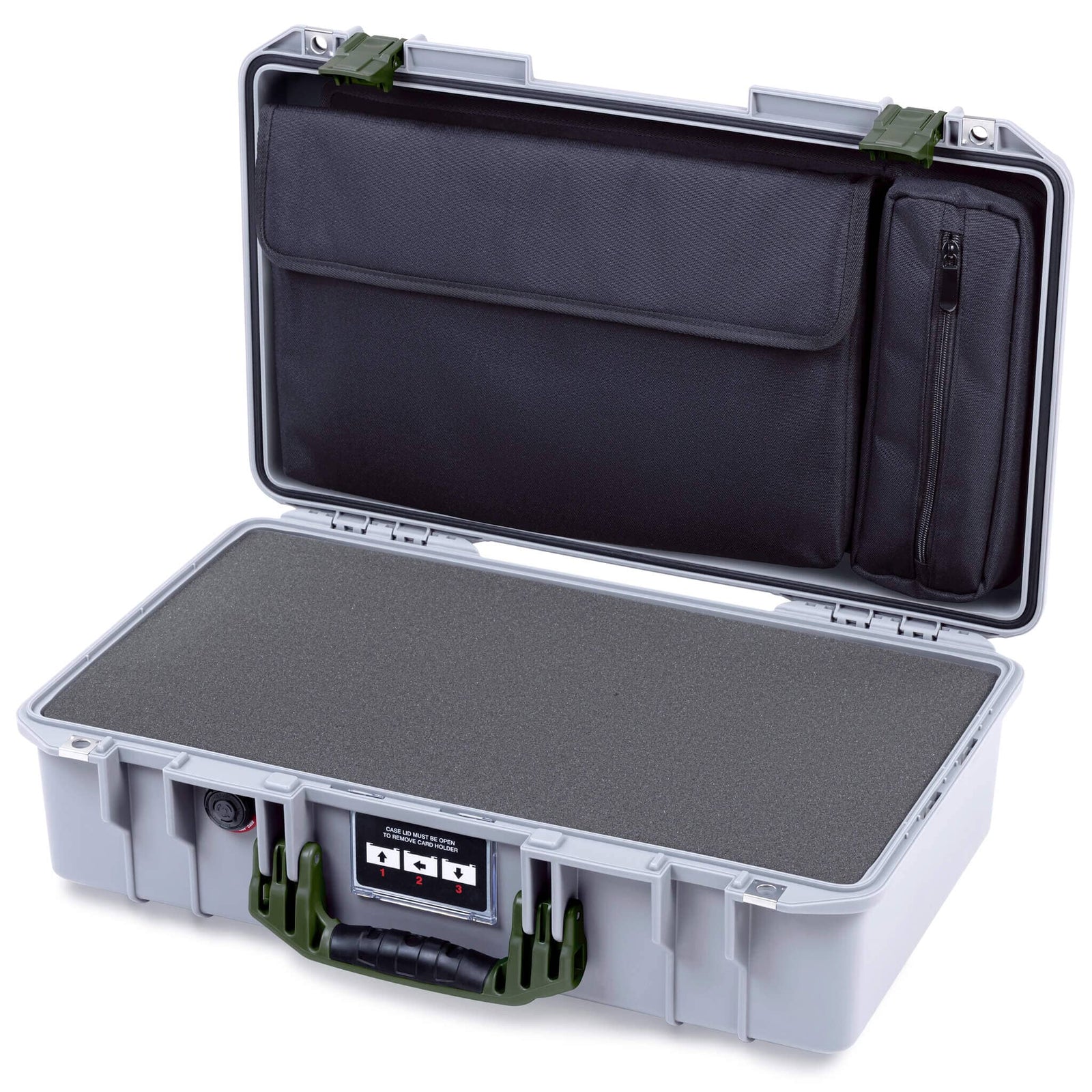 Pelican 1525 Air Case, Silver with OD Green Handle & Latches Pick & Pluck Foam with Laptop Computer Pouch ColorCase 015250-0201-180-131