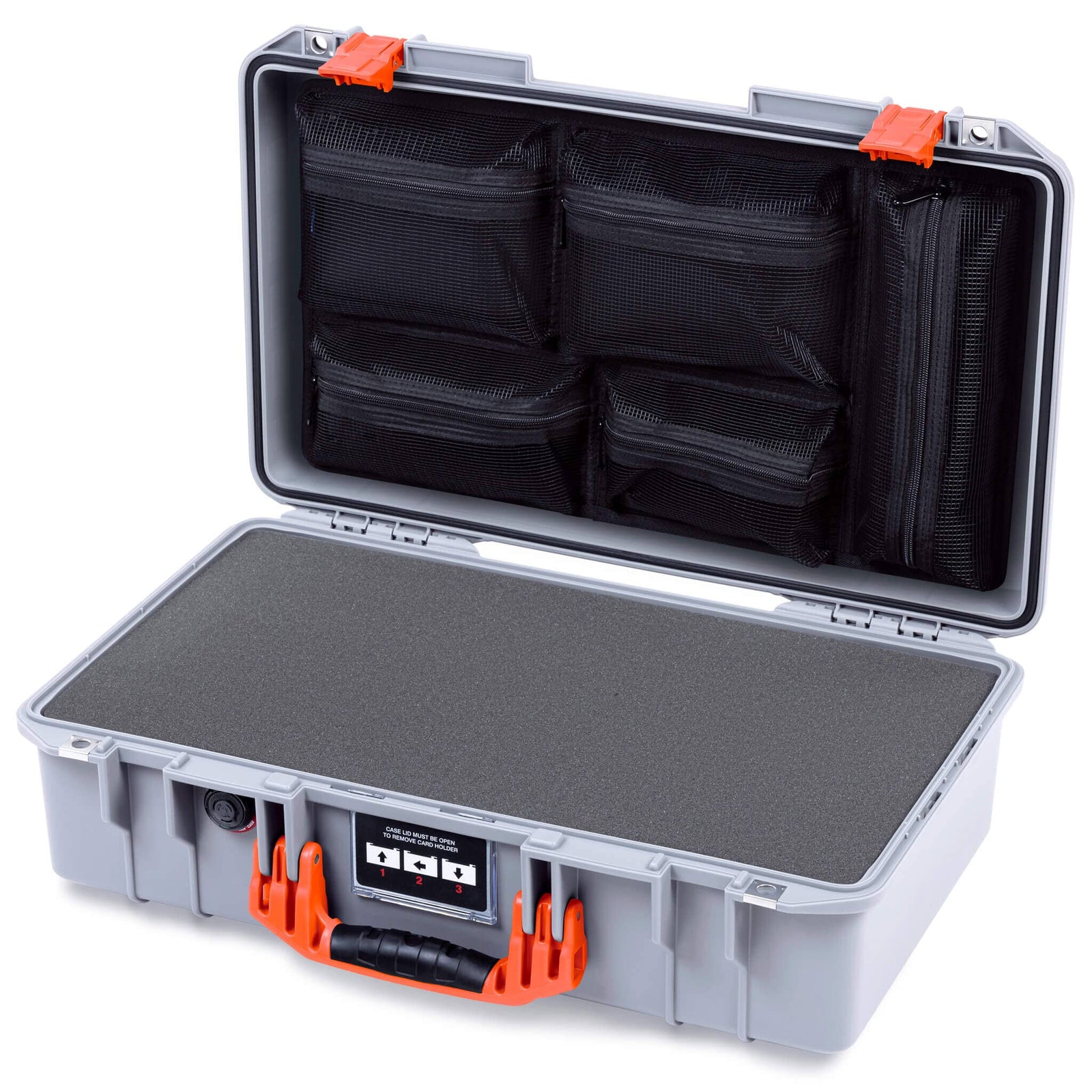 Pelican 1525 Air Case, Silver with Orange Handle & Latches Pick & Pluck Foam with Mesh Lid Organizer ColorCase 015250-0101-180-151