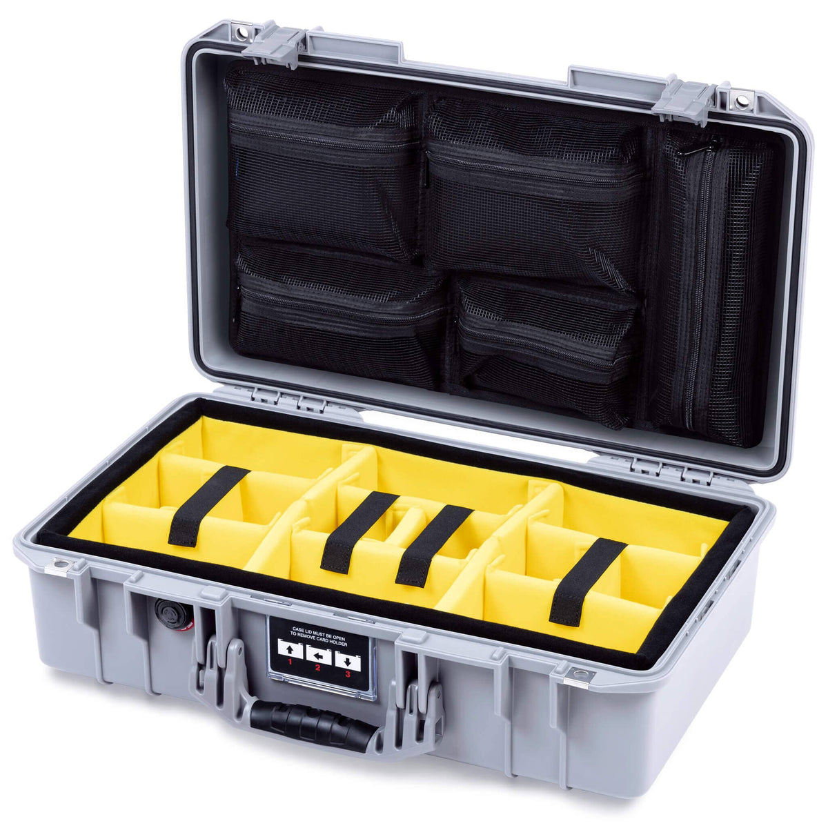 Pelican 1525 Air Case, Silver Yellow Padded Microfiber Dividers with Mesh Lid Organizer ColorCase 015250-0110-180-181
