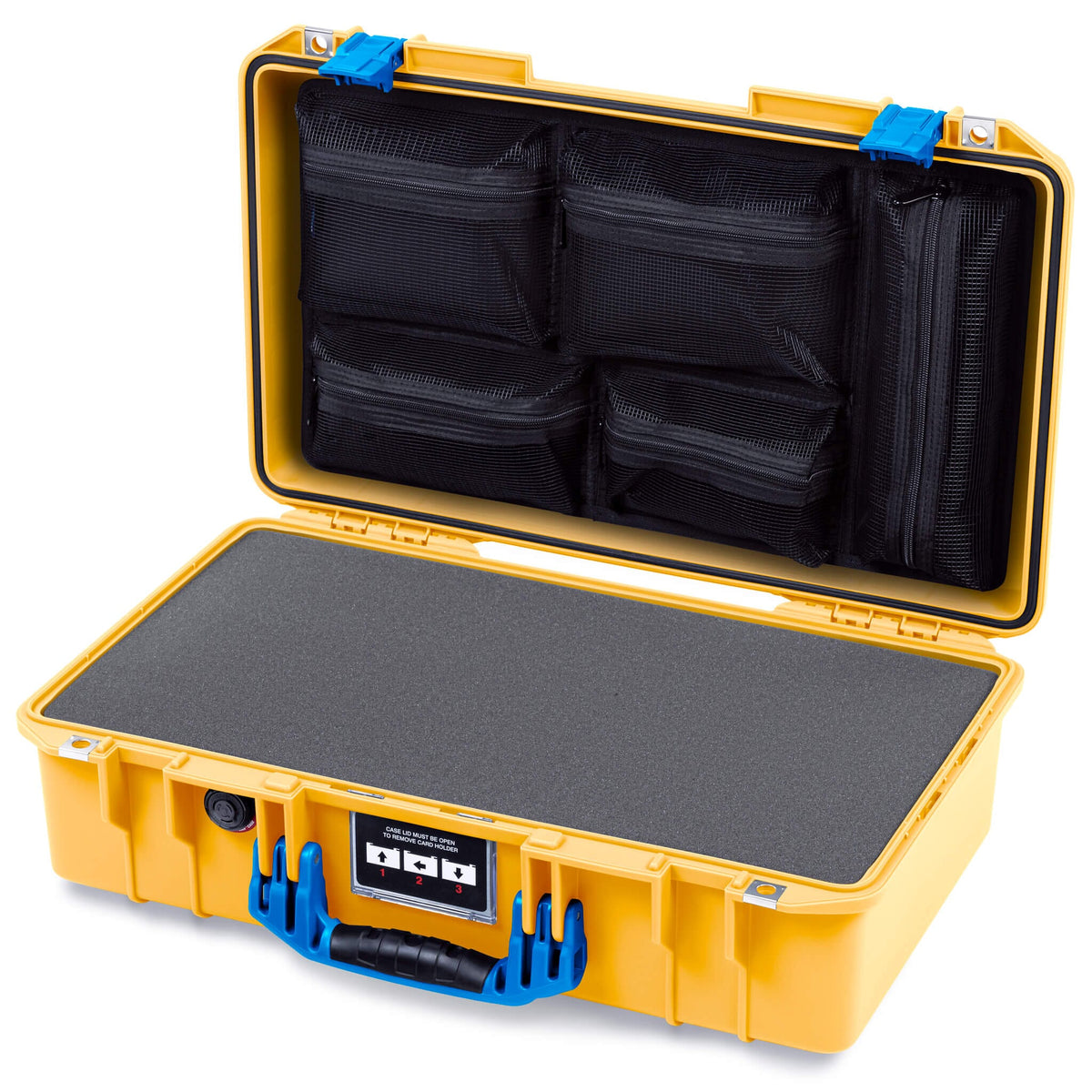 Pelican 1525 Air Case, Yellow with Blue Handle &amp; Latches Pick &amp; Pluck Foam with Mesh Lid Organizer ColorCase 015250-0101-240-121