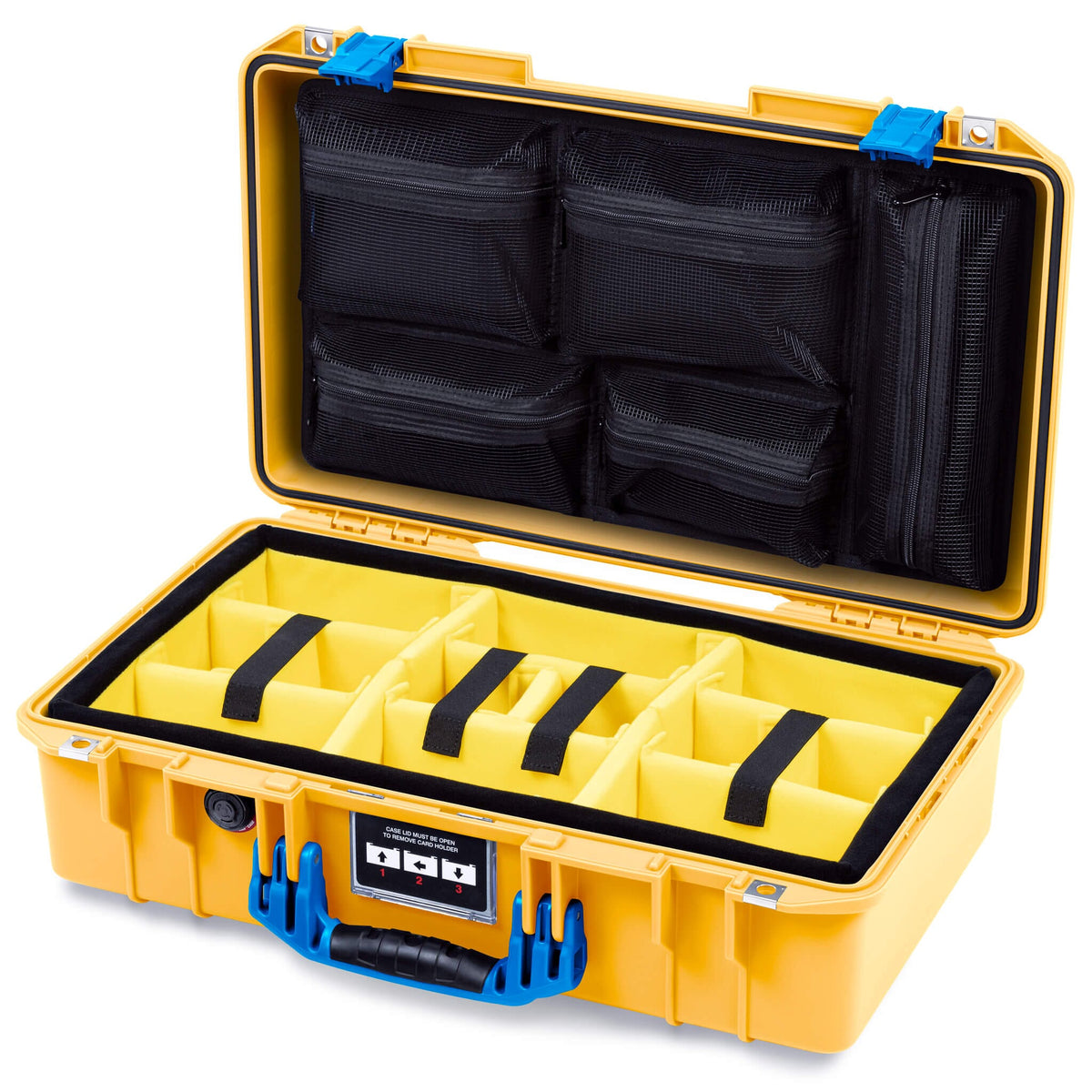 Pelican 1525 Air Case, Yellow with Blue Handle &amp; Latches Yellow Padded Microfiber Dividers with Mesh Lid Organizer ColorCase 015250-0110-240-121