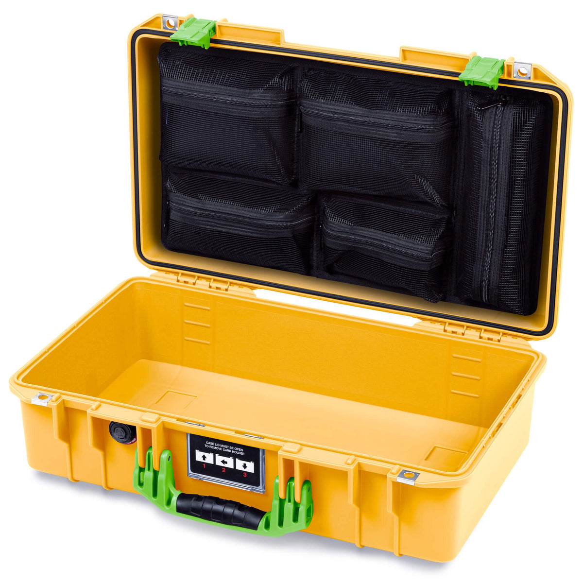 Pelican 1525 Air Case, Yellow with Lime Green Handle &amp; Latches Mesh Lid Organizer Only ColorCase 015250-0100-240-301