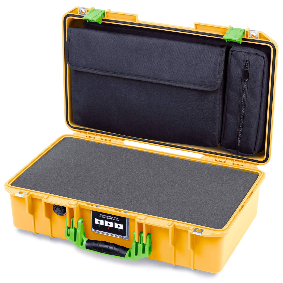Pelican 1525 Air Case, Yellow with Lime Green Handle &amp; Latches Pick &amp; Pluck Foam with Laptop Computer Pouch ColorCase 015250-0201-240-301