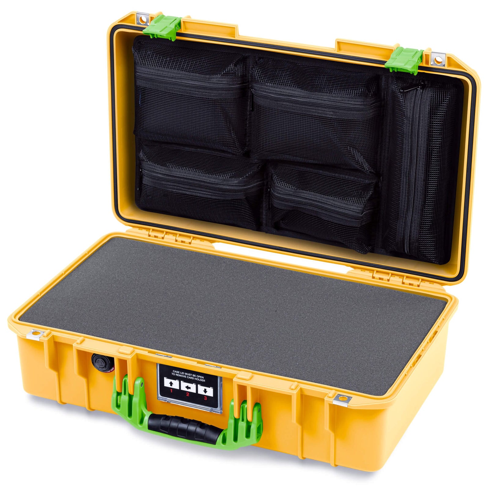 Pelican 1525 Air Case, Yellow with Lime Green Handle & Latches Pick & Pluck Foam with Mesh Lid Organizer ColorCase 015250-0101-240-301